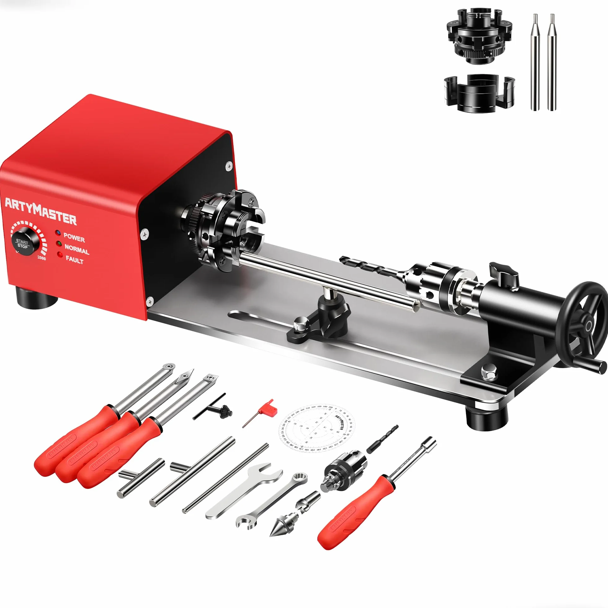 Mini torno WM101A-Plus Mini máquina de torno de madera, torno de potencia de 24 V CC 96 W, torno de mesa pequeño con kits de herramientas de torno de torneado de madera, velocidad infinitamente