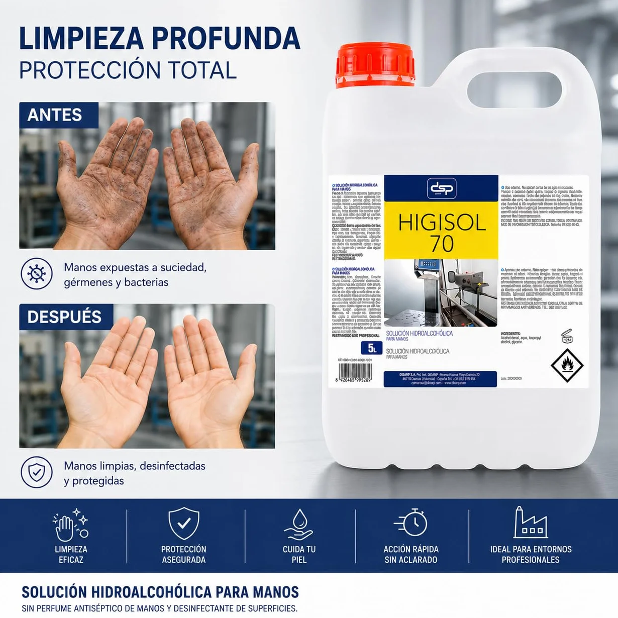 HIGISOL 70 SOLUCION HIGIENIZANTE HIDROALCOHOLICA ANTIBACTERIAS 5L