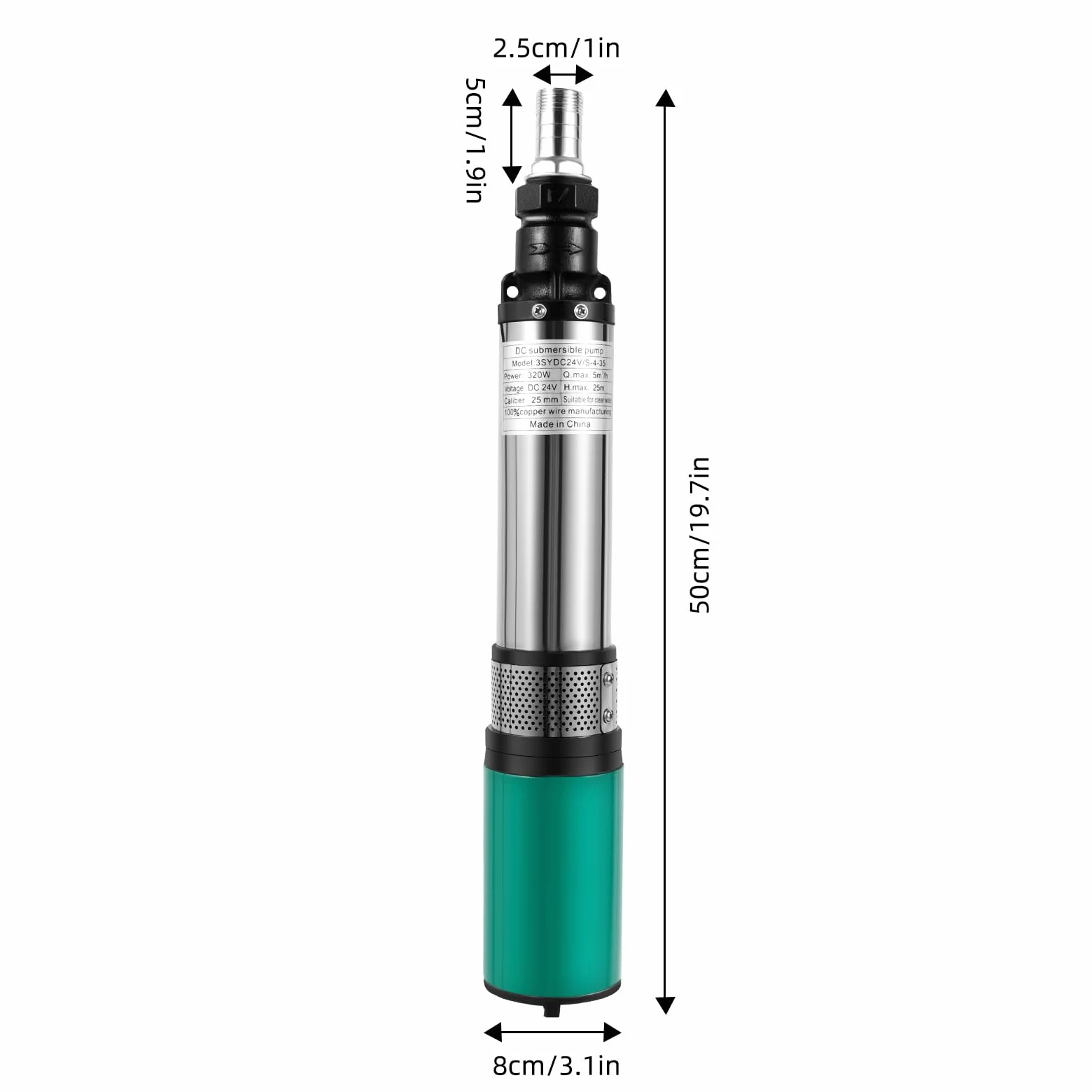 Bomba solar para pozos profundos, de acero inoxidable, sumergible, CC, 24 V, 320 W, bomba sumergible solar hasta 25 m, 5 m³/h