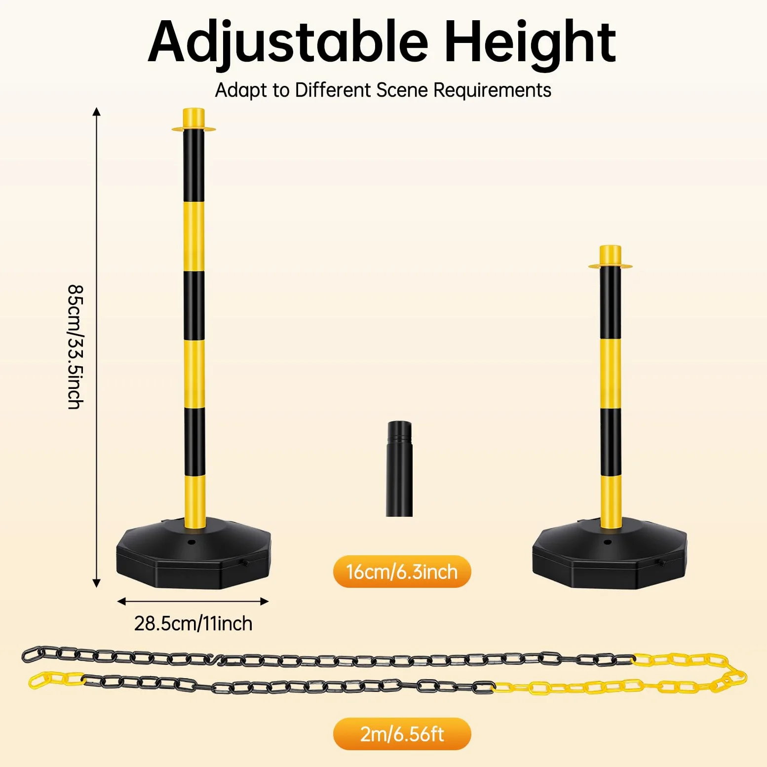 Postes en juego de 6 barreras con cadenas de 2 m, barra de cola de 85 cm de alto, control de multitudes, color negro y amarillo, postes de barrera rellenables, barrera de cadena fácil para almacenes