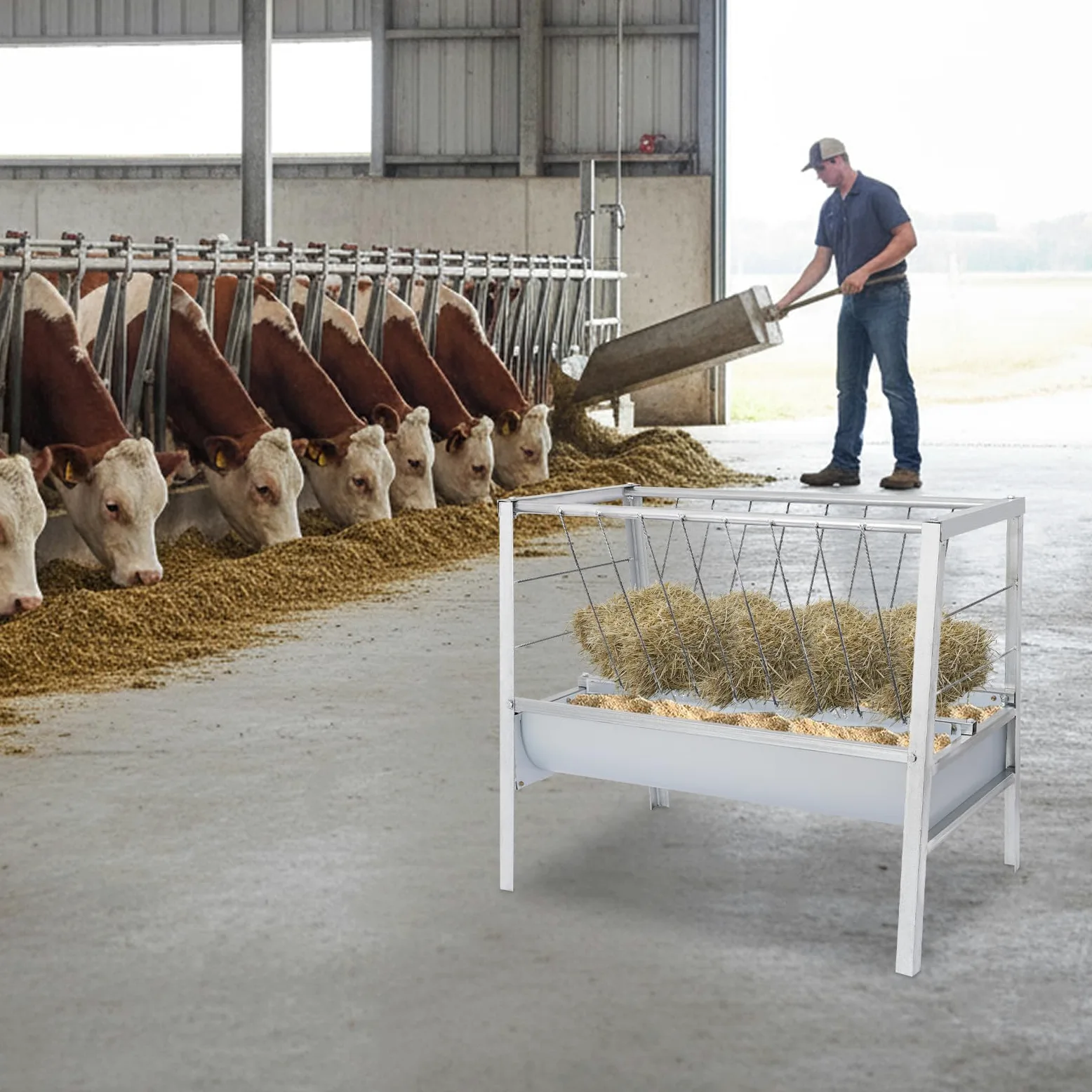 Comedero grande 2 en 1 de acero resistente para heno y cereales con más profundo y independiente, comedero para caballos, cabras, ovejas y ganado, 100 x 66 x 85 cm