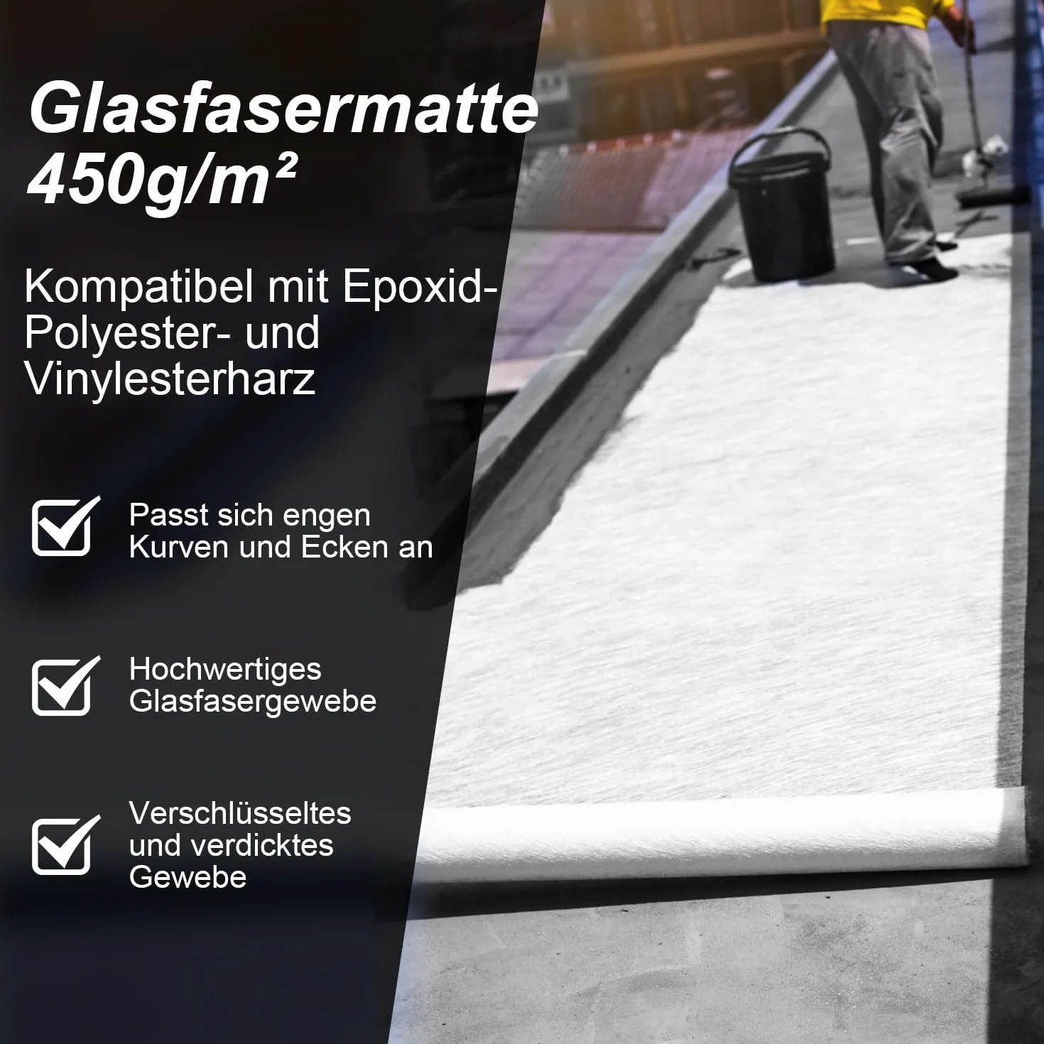 Fibra de vidrio 450 g/m², Alfombra de fibra de vidrio transparente, 1 x 10 m, para resina epoxi y poliéster, reparación, barco