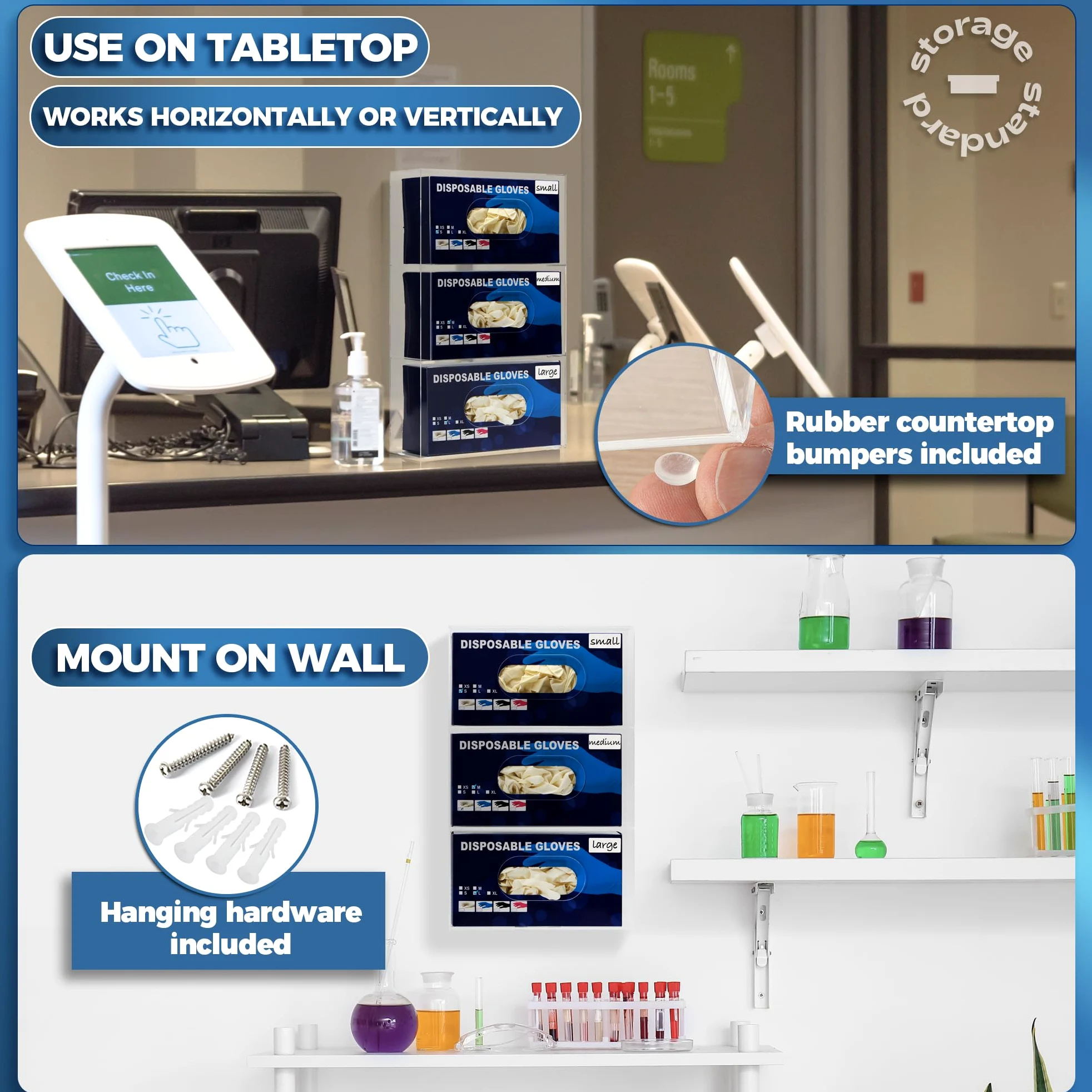 Storage Standard Soporte triple para guantera, dispensador de guantes de montaje en pared, soporte desechable para guantes médicos, soporte multiusos para guantes de cocina, 16.5 x 10 x 3.5 pulgadas