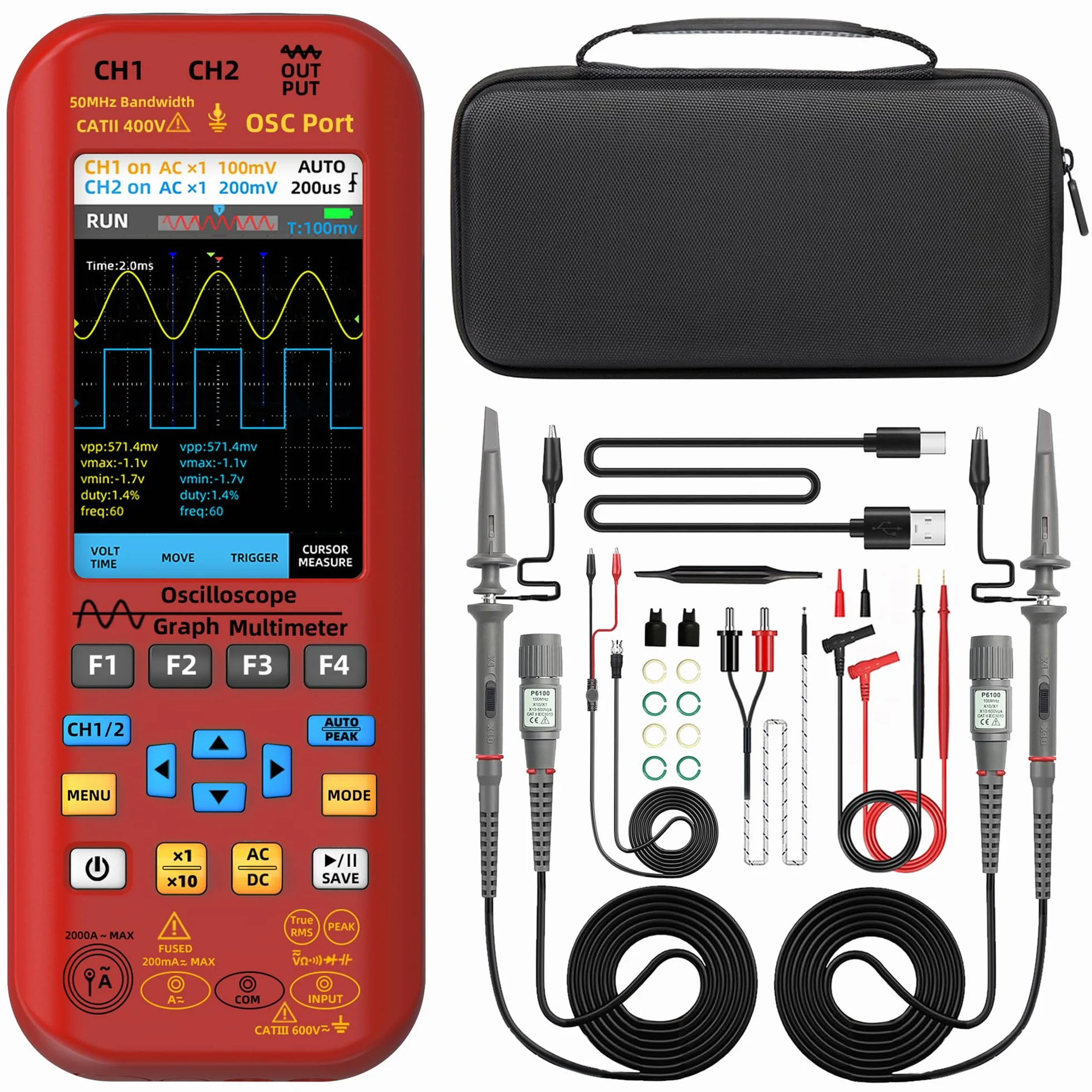 BSIDE O9 Osciloscopio automotriz de mano de 2 canales, 50 MHz, 250 MSa/s, 5000 mAh, multímetro TRMS 20000 cuentas, pantalla de visión completa de 3.9 pulgadas, generador de señal de forma de onda