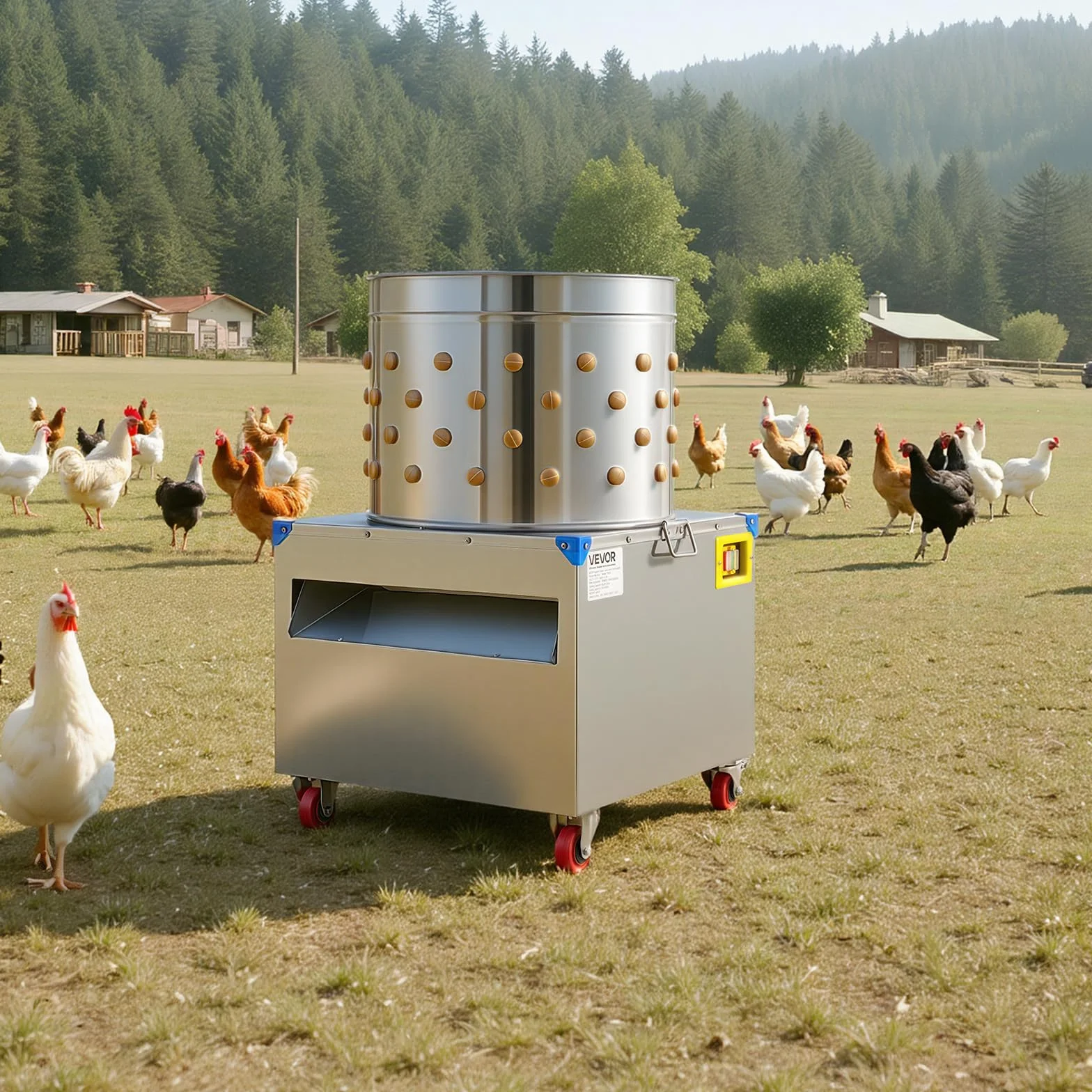 VEVOR Desplumadora Eléctrica de Pollos, Tambor 50 cm, 1500 W, 275 RPM, con 106 Dedos Suaves y Ruedas de Transporte, Acero Inoxidable, para Procesar de 2 a 4 Pollitos a la Vez, 560 x 560 x 890 mm