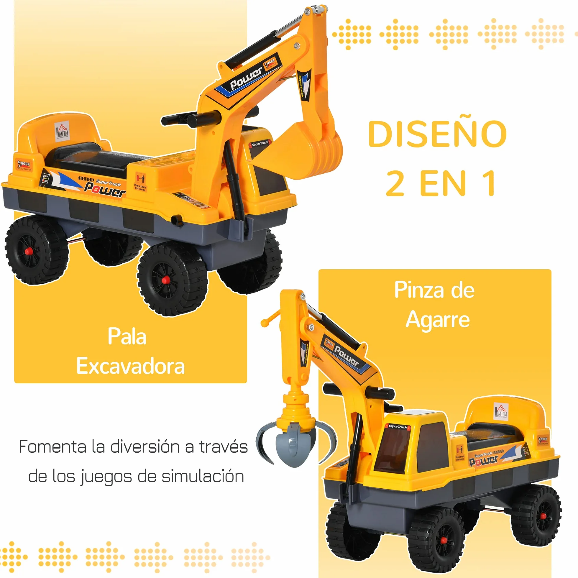 HOMCOM Tractor sin Pedales para Niños Excavadora Correpasillos con Pala Delantera Luces Música 90x28x58 cm Amarillo