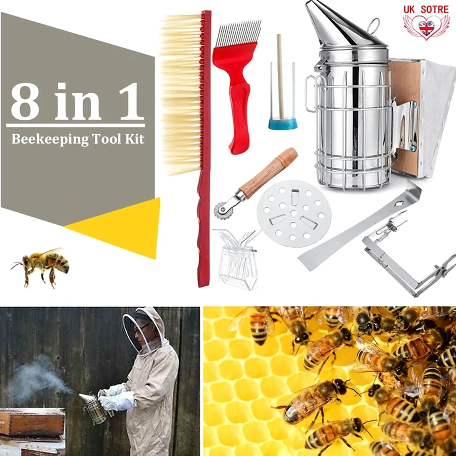 Guantes de Apicultura Kit de ahumador de Colmena de Abejas de Acero Inoxidable, protección contra el Calor, Equipo raspador, Juego de Herramientas 8 en 1, Accesorios de Apicultura