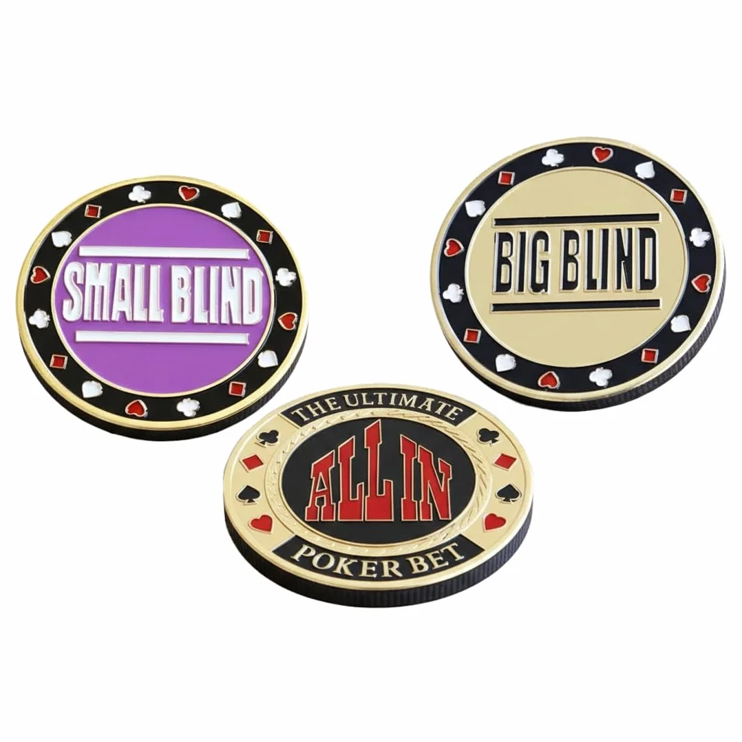 Set de Botones de Póker 3 Piezas en Estuche, Monedas de Metal, All-in, Small Blind, Big Blind