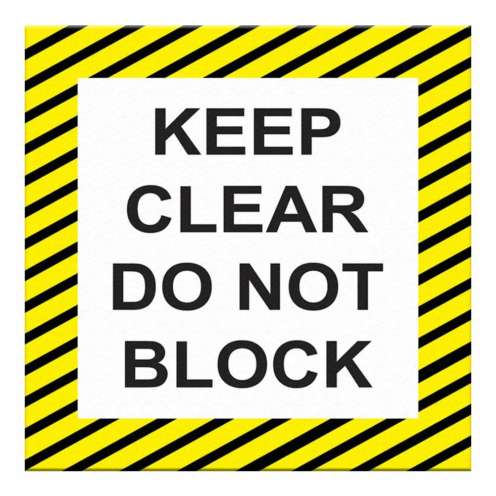 Calcomanía antideslizante para piso con texto en inglés"Keep Clear Do Not Block", color negro y amarillo