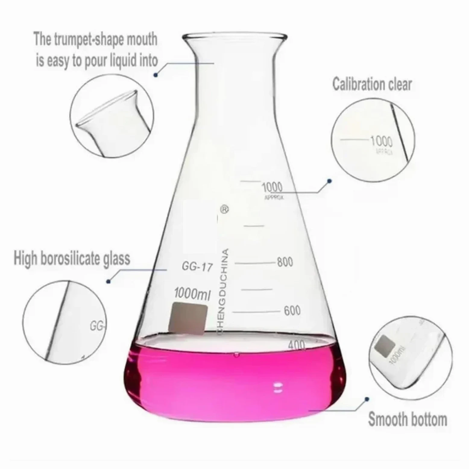 1 matraz Erlenmeyer cónico de vidrio borosilicato for equipos de laboratorio químico(1000ml)
