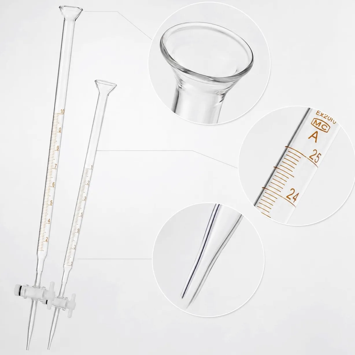 Bureta Vidrio Laboratorio Embudo Acampanado Válvula PTFE-1mL/0.01 | Material Vidrio Laboratorio Multiuso Ideal para Valoración y Análisis Multireactivo
