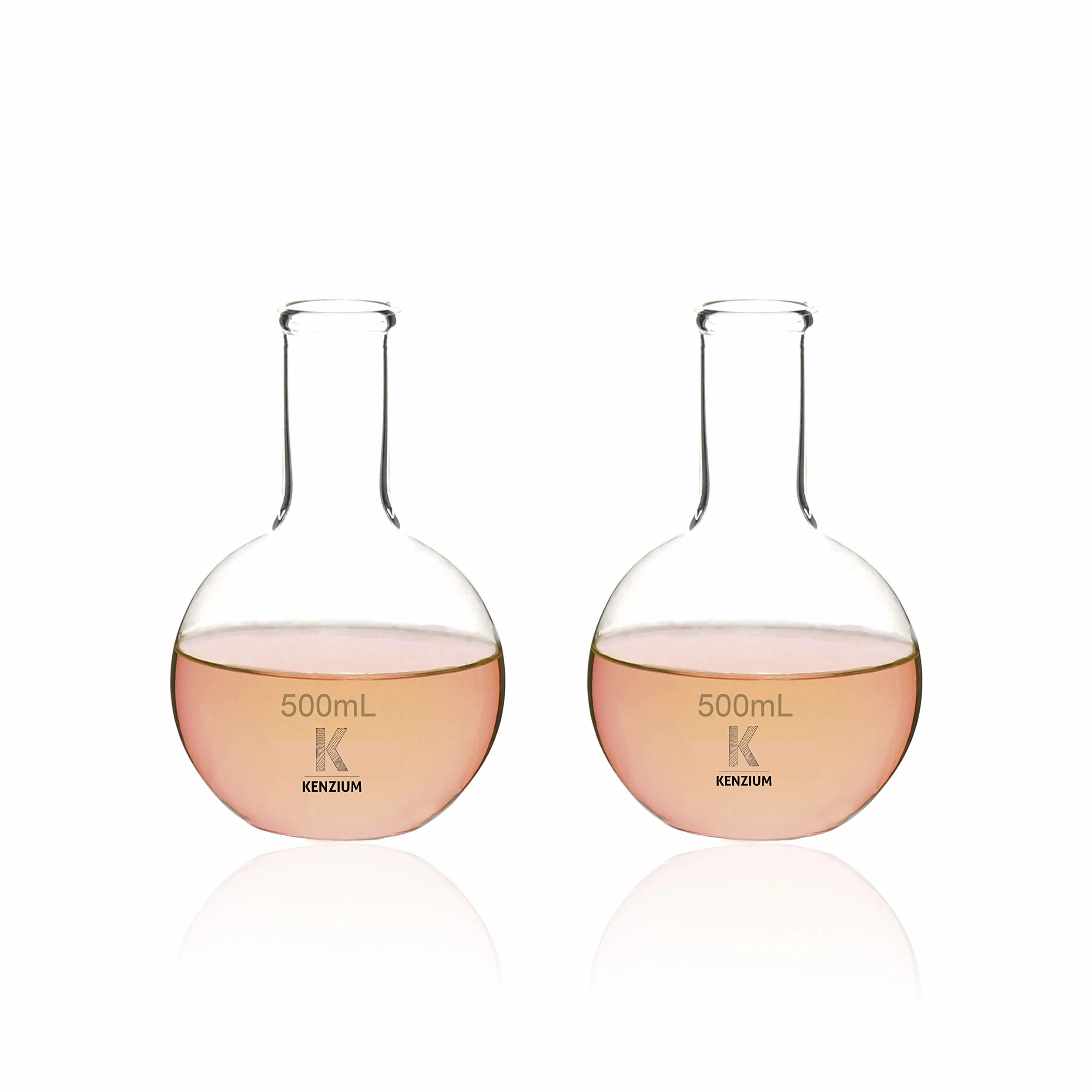 KENZIUM – 2 x Matraz Esférico de Fondo Plano | 2 x 500 ml | Vidrio Borosilicato 3.3 | Cuello Estrecho | Alta Resistencia, Ideal para Ebullición y Uso en Laboratorio
