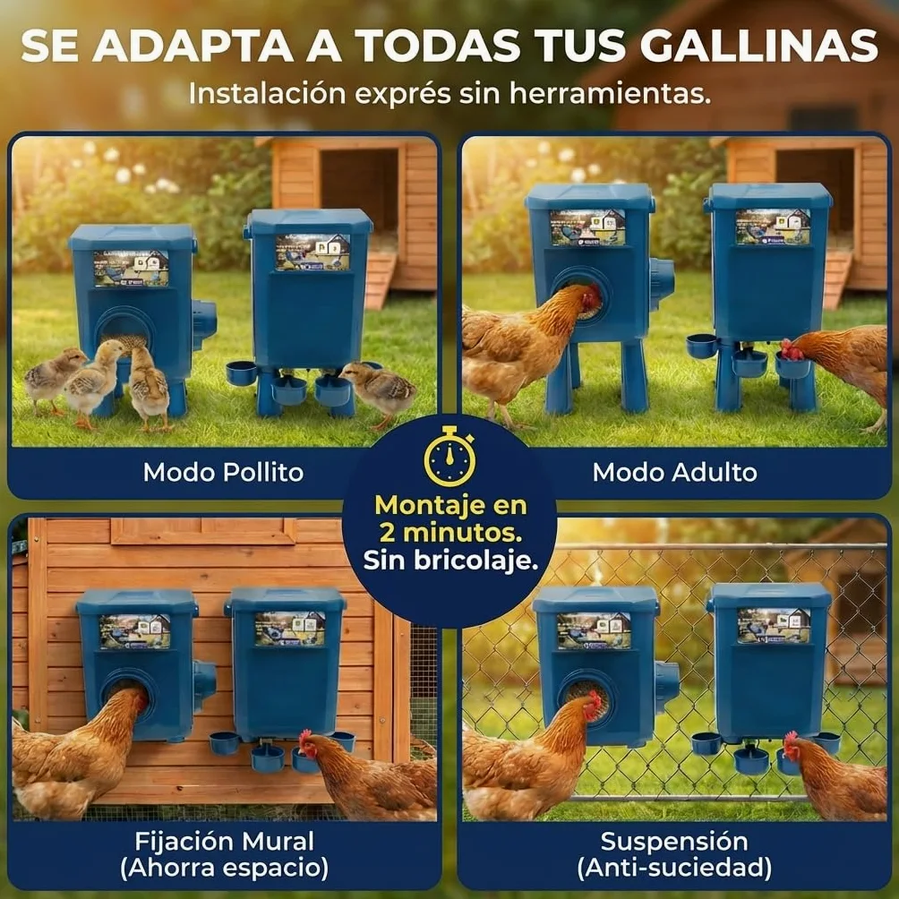 Kit Comedero y Bebedero para Gallinas 8KG/7L – Antiparasitario, Válvula Automática, Anti-Cianobacterias, Ideal para Microgranjas y Criadores Aficionados, Autonomía Prolongada, Reduce Recargas