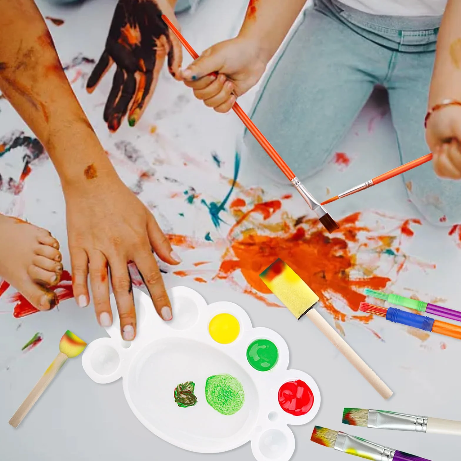 30 Piezas Pinceles para Pintura Niños con Paleta, Cerdas Redondas y Planas