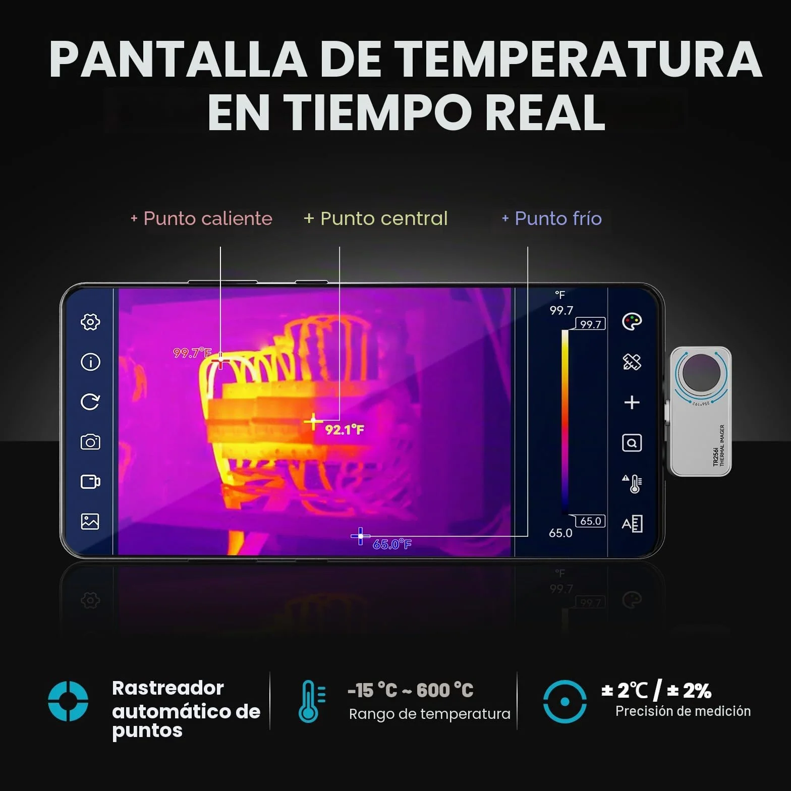 Mileseey TR256i Cámara Térmica para Android Tipo C, Carcasa Metálica de 20G, Rango de Medición de -15°C a 600°C, Resolución De 25 Hz, 256 x 192, 3 Mediciones de Calor y 11 Paletas
