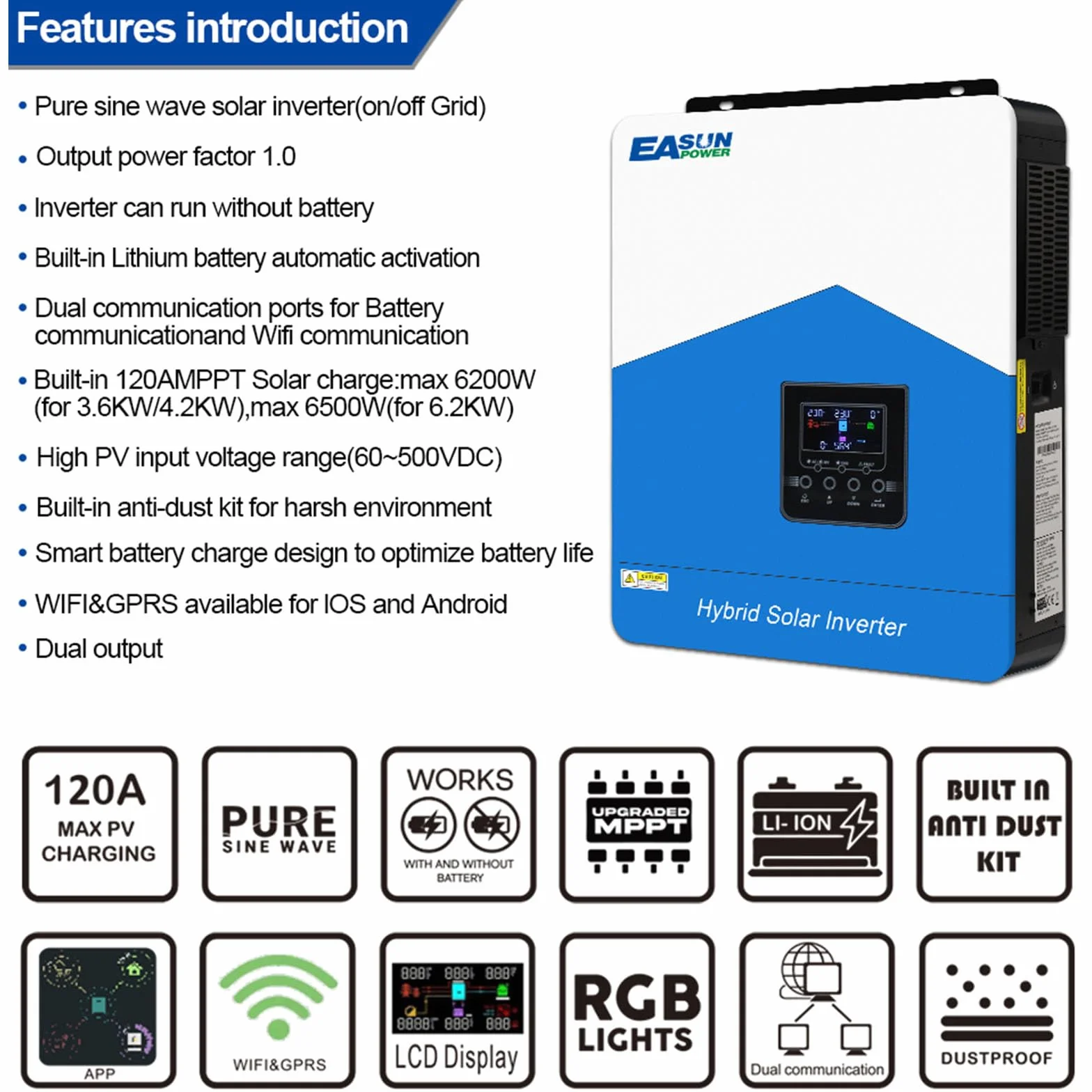 POWLAND Inversor Solar Híbrido 6200W 48V MPPT 100A Onda Sinusoidal Pura 230V