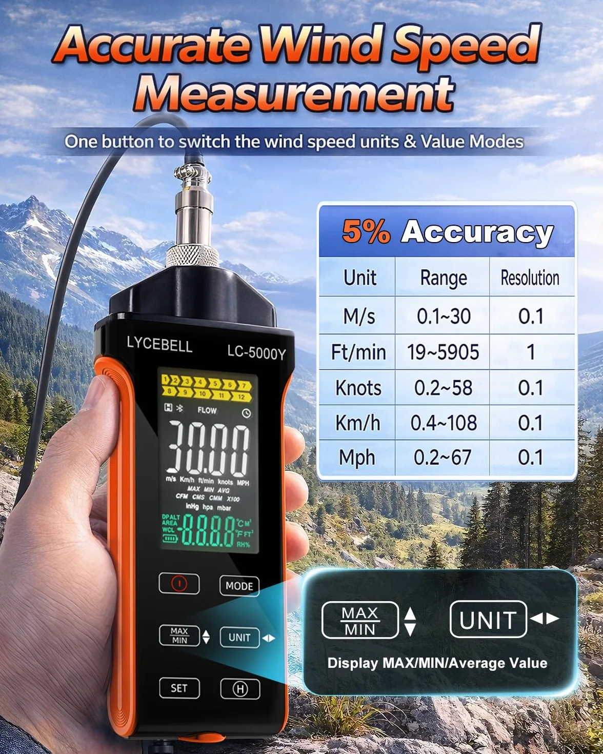 Anemómetro de Hilo Caliente LYCEBELL 5000Y 0.1-30 m/s IP54 Medidor Velocidad Aire Caudal CFM/CMM Sonda Extensible Batería USB-C