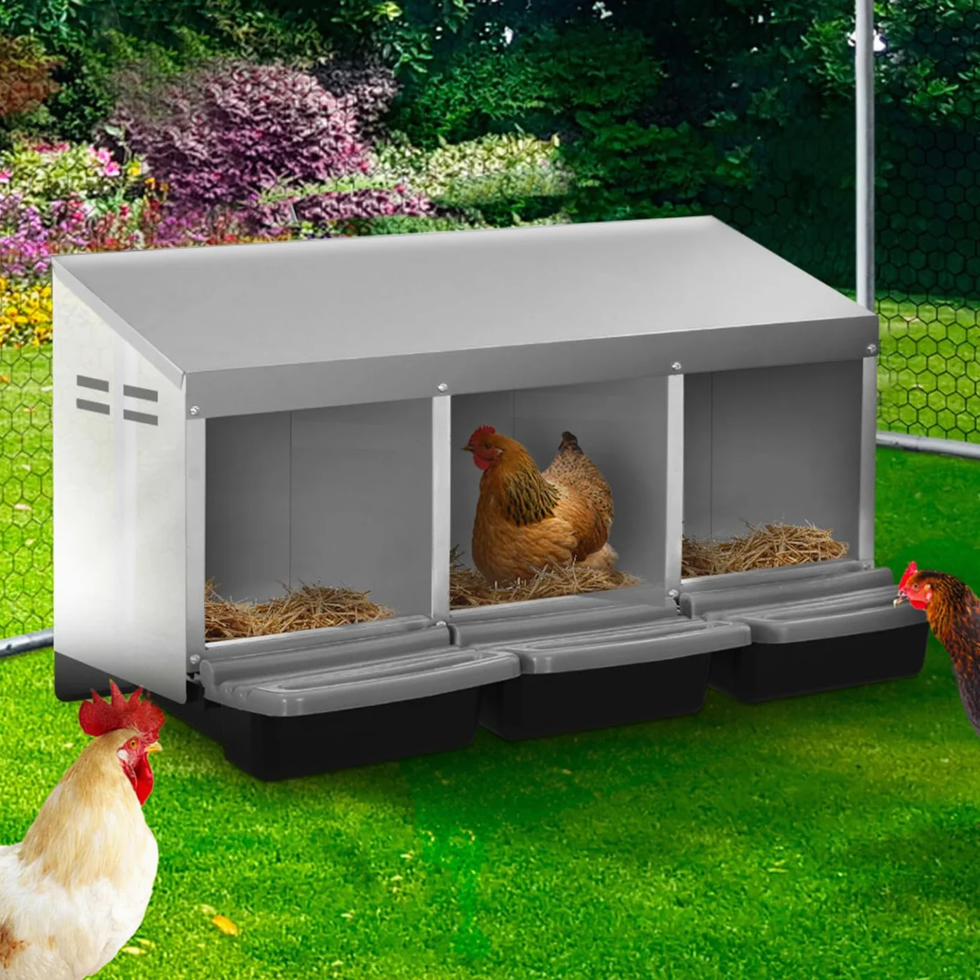 IDMarket - Ponedero para gallinas 3 ubicaciones nidal de metal con Fondo