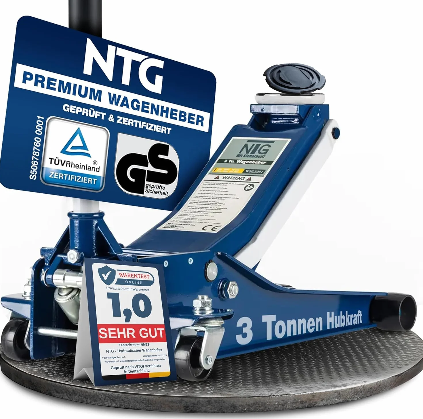 NTG Gato hidráulico 3T | Altura de elevación de 75 – 505 mm | con Doble Cilindro Plano para SUV & Coches Profundos Coche Coche Gato hidráulico 3T 3 toneladas [Extra Estable 35,2 kg]