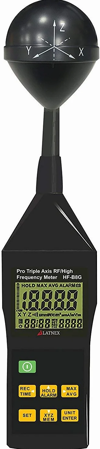 Medidor RF EMF HF-B8G Alta frecuencia 10MHz-8GHz. Mide niveles de radiación de amplio rango de torres de telefonía móvil, medidores inteligentes, Wi-Fi, 3G y 4G, Bluetooth, inspecciones de viviendas