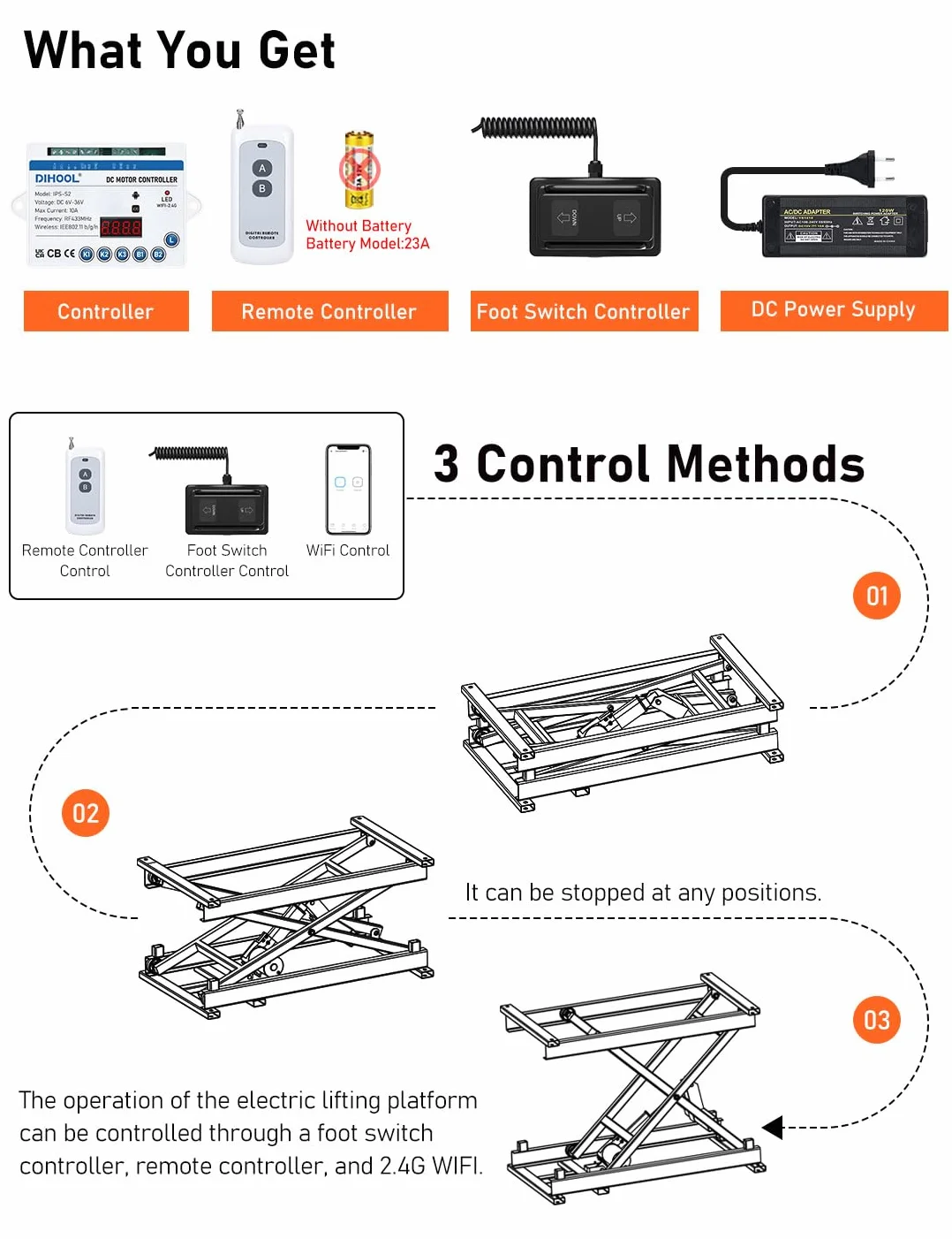 DIHOOL Plataforma de elevación eléctrica de 150 kg de carga, Plataforma de tijeras ajustable de altura 195-680 mm, control de pedales