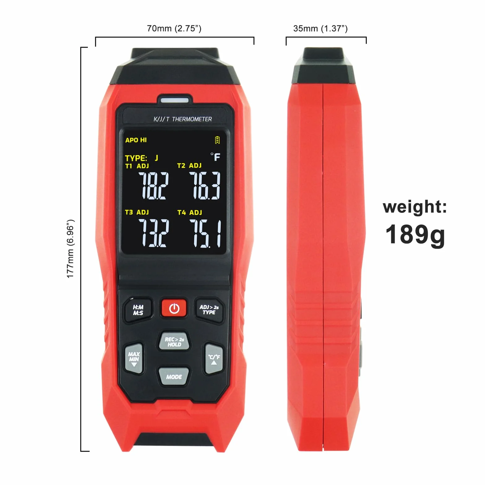Registrador Digital de Datos Termopar Tipo K/J 4 Canales -200~1372°C Medidor Temperatura con Alarma