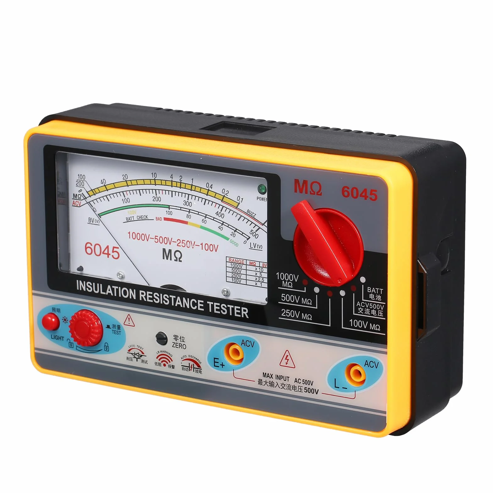 Medidor de resistencia de aislamiento Ohmímetro digital Megger Probador de aislamiento portátil Megámetro 0-2000MΩ 100V / 250V / 500V / 1000V Instrumento de medición de aislamiento de megaohmímetro de