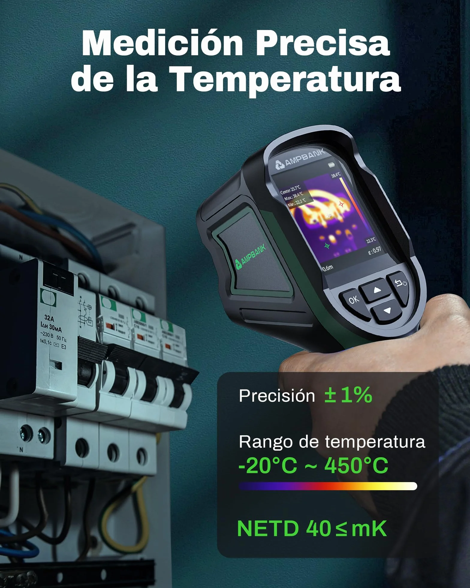 AMPBANK Camara Termica 240x240 TISR Resolución, Camara Termografica con 24 Horas Duración de Batería, 25 Hz, -20℃ a 450℃ Rango de Temperatura con Alarma de Temperatura, IP65