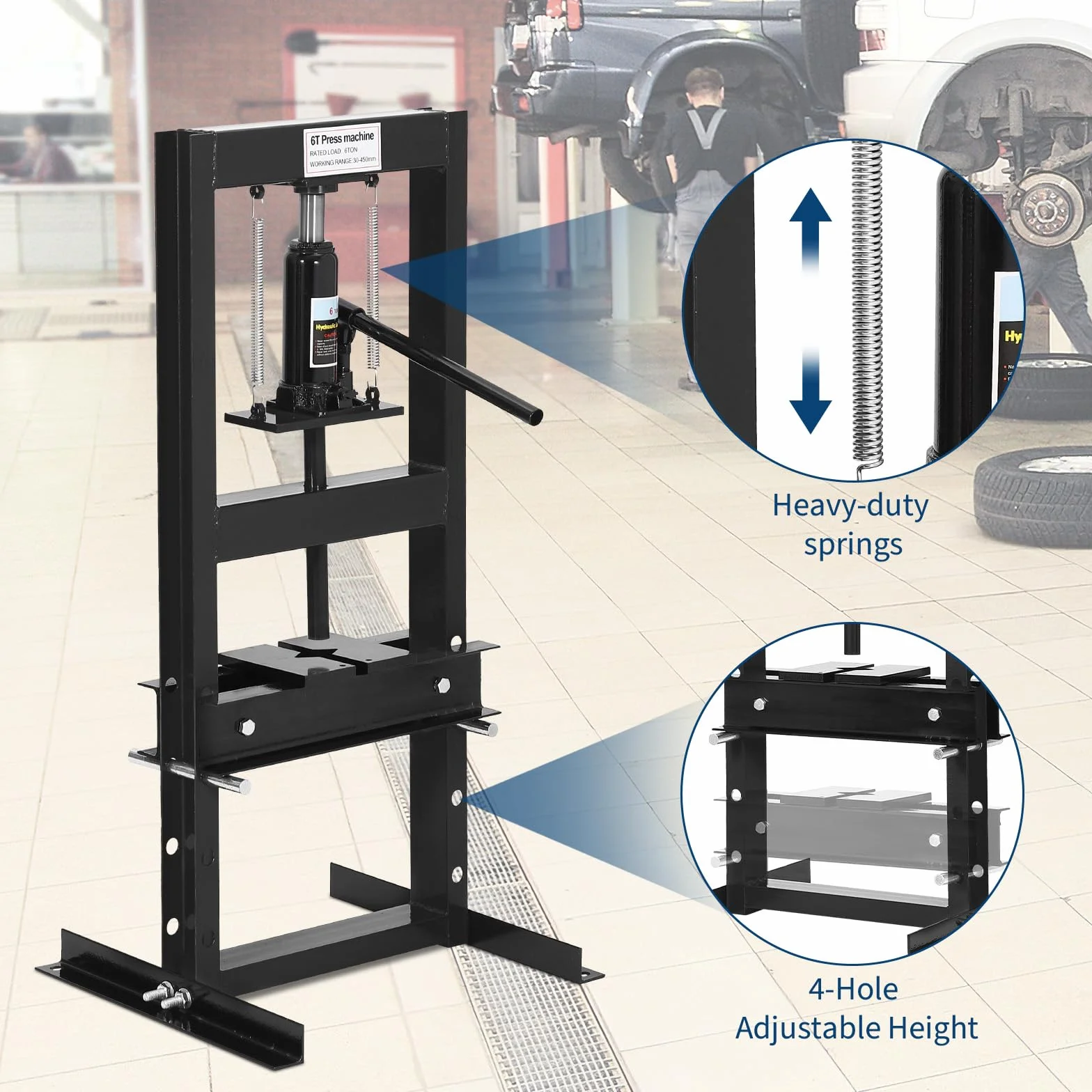 Garvee Prensa Hidráulica de Taller de 6 Toneladas, Prensa de Suelo con Estructura en H para Garaje, Mesa de Trabajo Ajustable con Placas de Prensa, Prensa de Banco Resistente para Doblado y Estampado