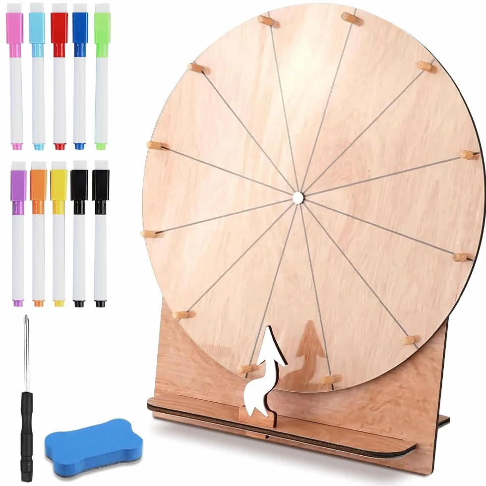 Ruleta De La Suerte Giratoria de Madera con 10 Rotuladores, Goma y Destornillador para Juegos de Palabras y Fiestas