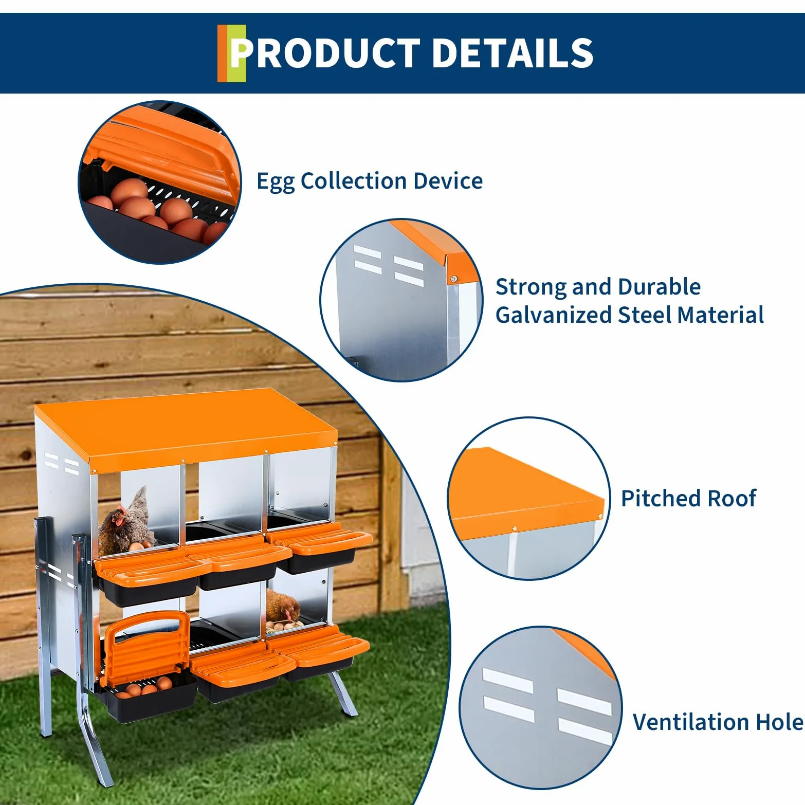 GarveeHome Ponederos gallinas gallinero Exterior, Caja metálica con Ruedas para gallinas, Ideal para Recoger Huevos fácilmente: 6 Compartimentos, Tapa extraíble, ventilada, Muy Resistente gallineros