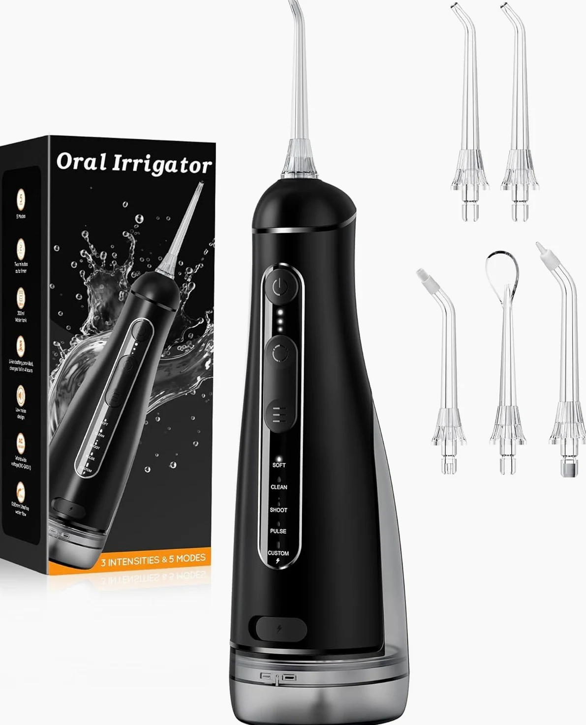 Irrigador Dental Portatil DIY, Irrigador Bucal Inalámbrico 5 Modos y 3 Intensidades, Depósito 300 ml y Base Extraíble, Carga USB, Impermeable IPX7, Sin BPA, Silencioso, para Viajes y Hogar