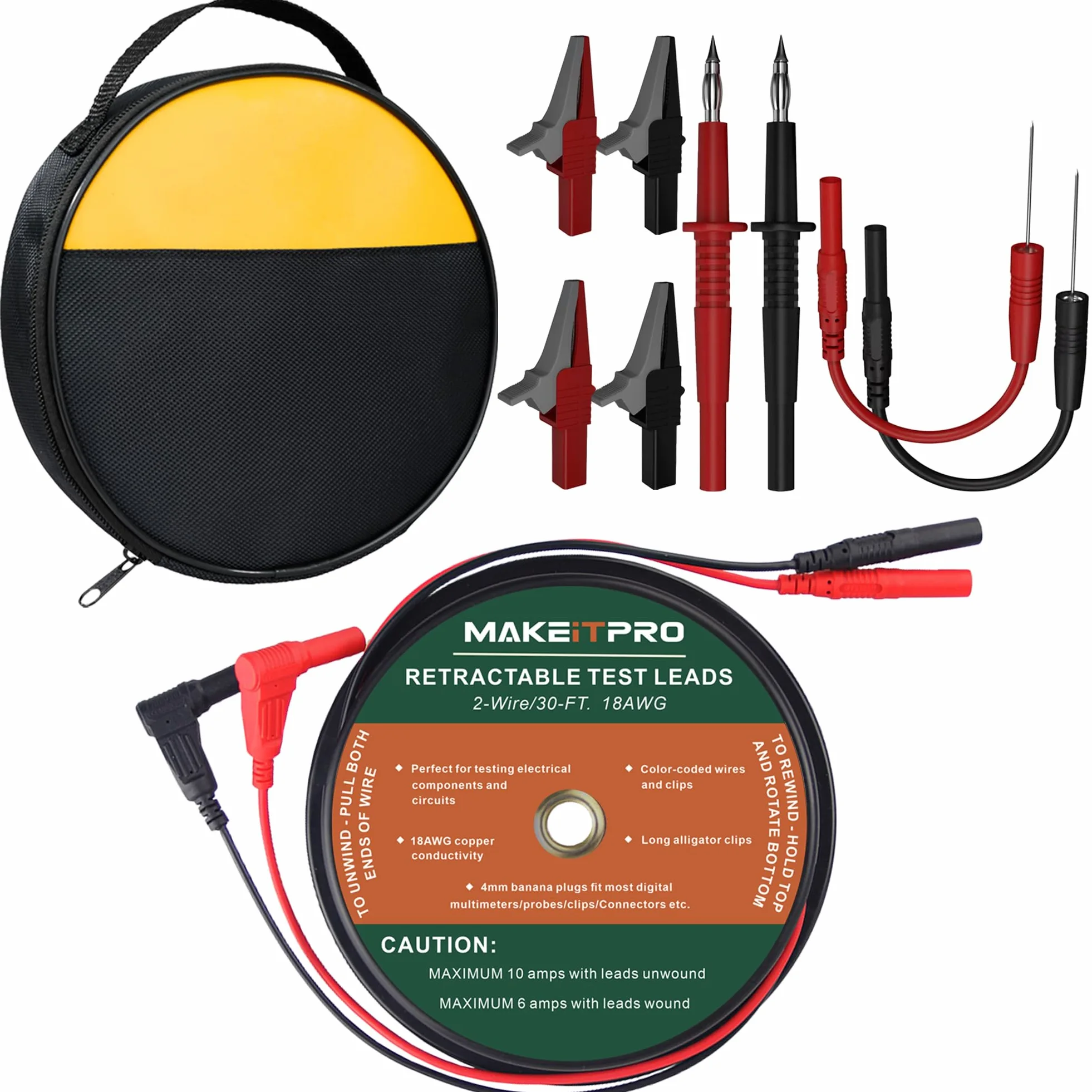 2 cables de prueba retráctiles de 30 pies y 18 AWG con bolsa de cable y clips de cocodrilo eléctrico de doble extremo, sonda de prueba, cables de alambre para conexión de circuito/pruebas