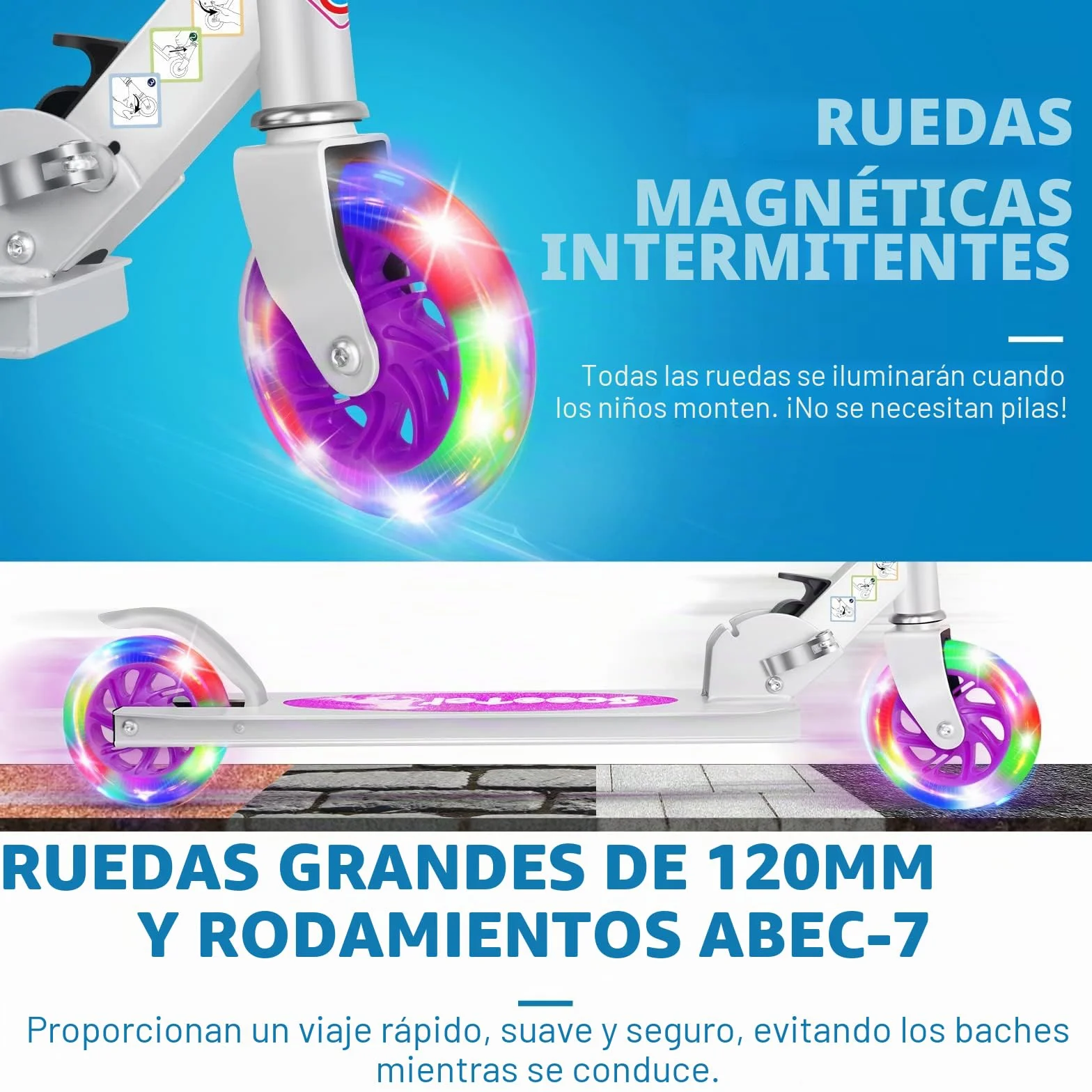 Patinete Infantil Plegable BELEEV V1 con Luces LED, 4 Alturas Ajustable, Ligero para Niños 3-12 Años