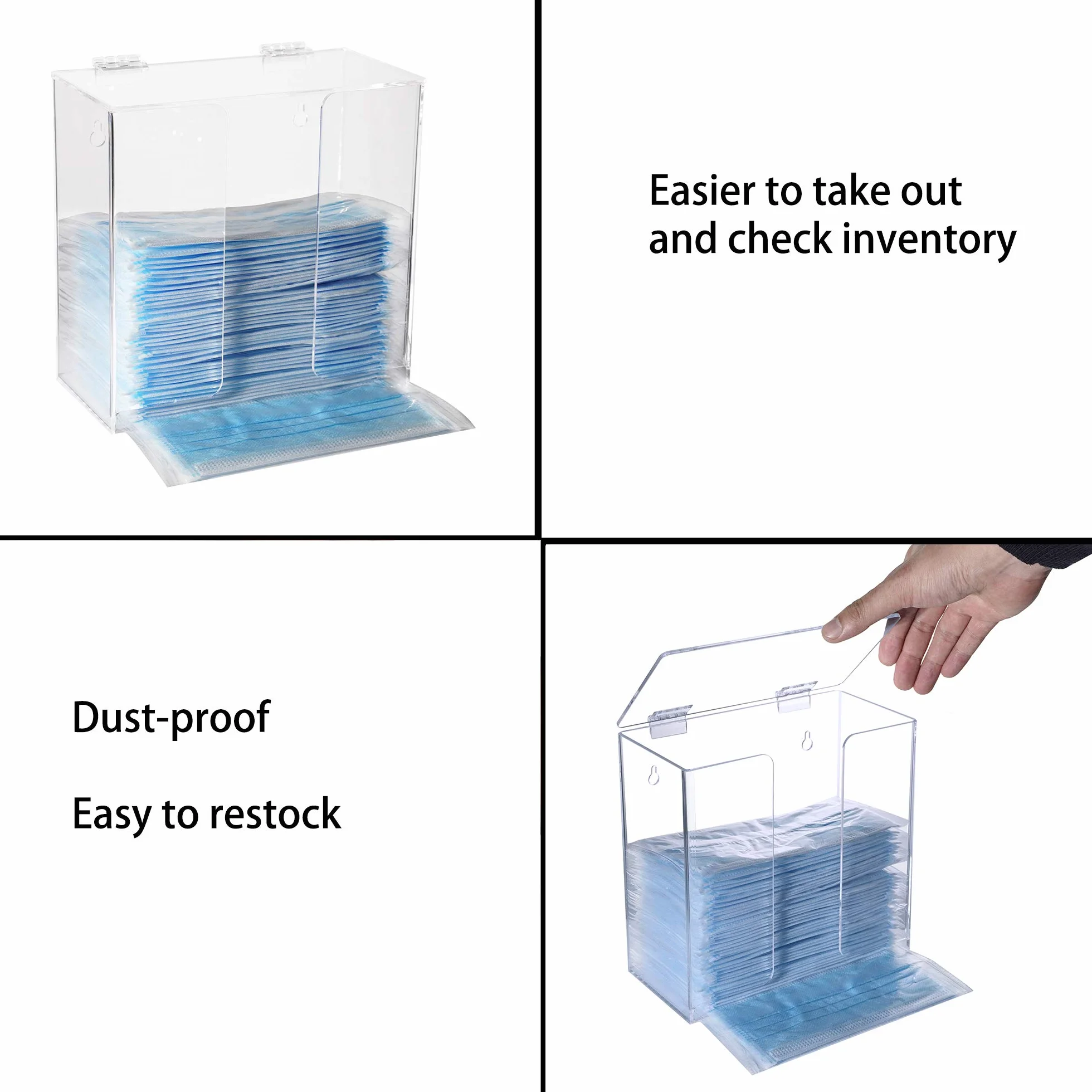 Dispensador de mascarillas Soporte de caja de acrílico para guantes con tapa, Contenedor de almacenamiento de montaje en encimera/pared para máscaras, guantes, servilleta, transparente