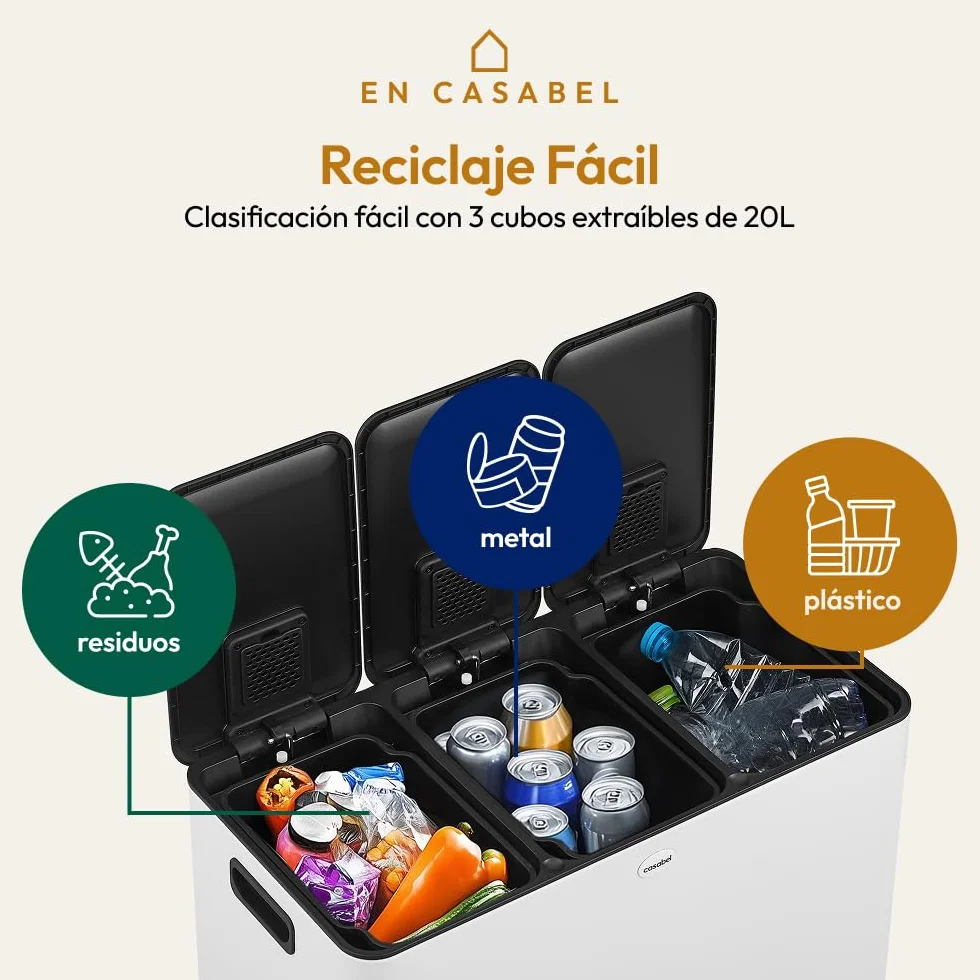 CASABEL Cubos de Basura de Reciclaje 60 L, Sistema de Basura Reciclaje 3 x 20 L Acero Inoxidable, Cubo con Pedal, Antihuellas y Antiolores, blanco