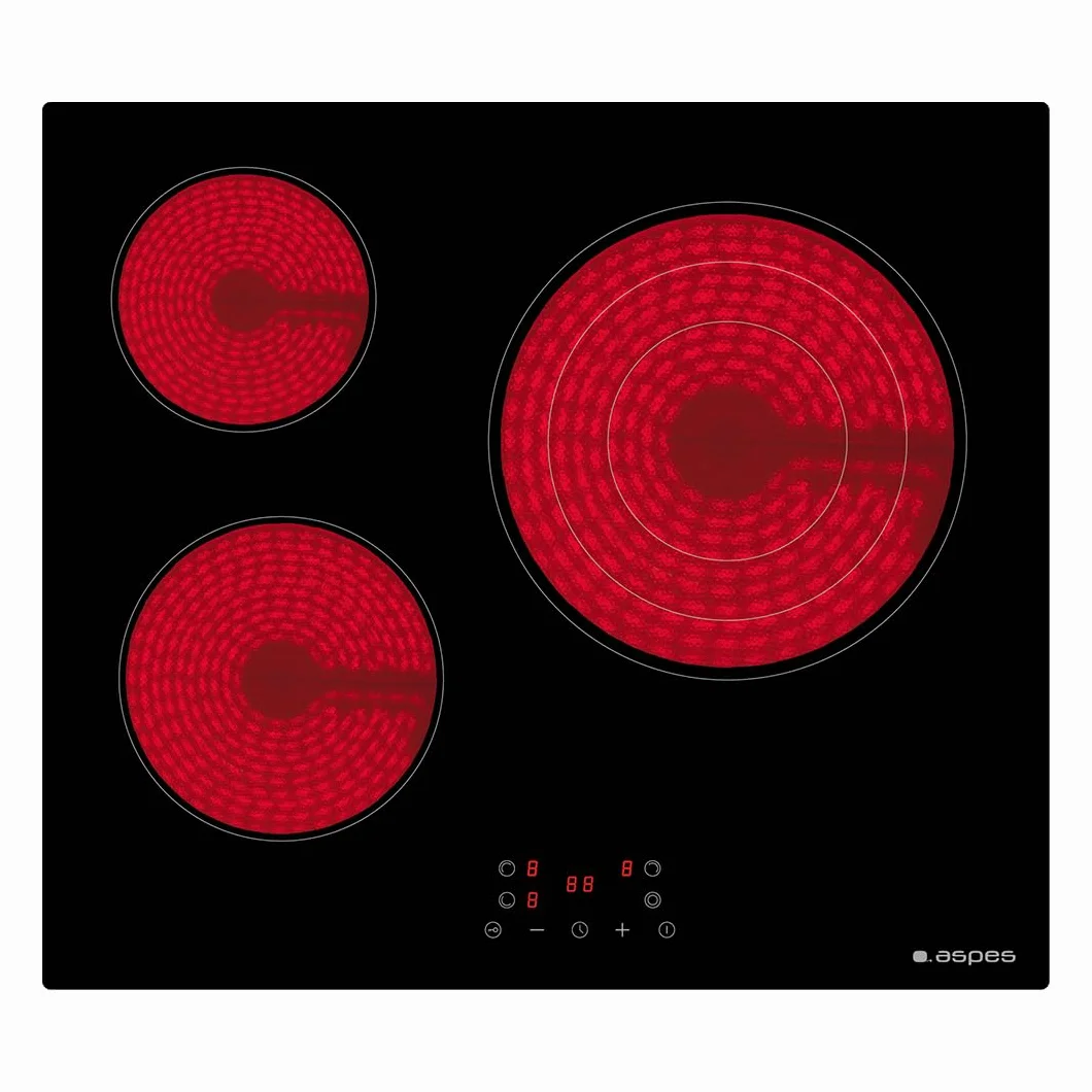 Aspes Placa Vitrocerámica Cristal Negro AV3602 5700W 3 Zonas Cocción Control Táctil Bloqueo Seguridad