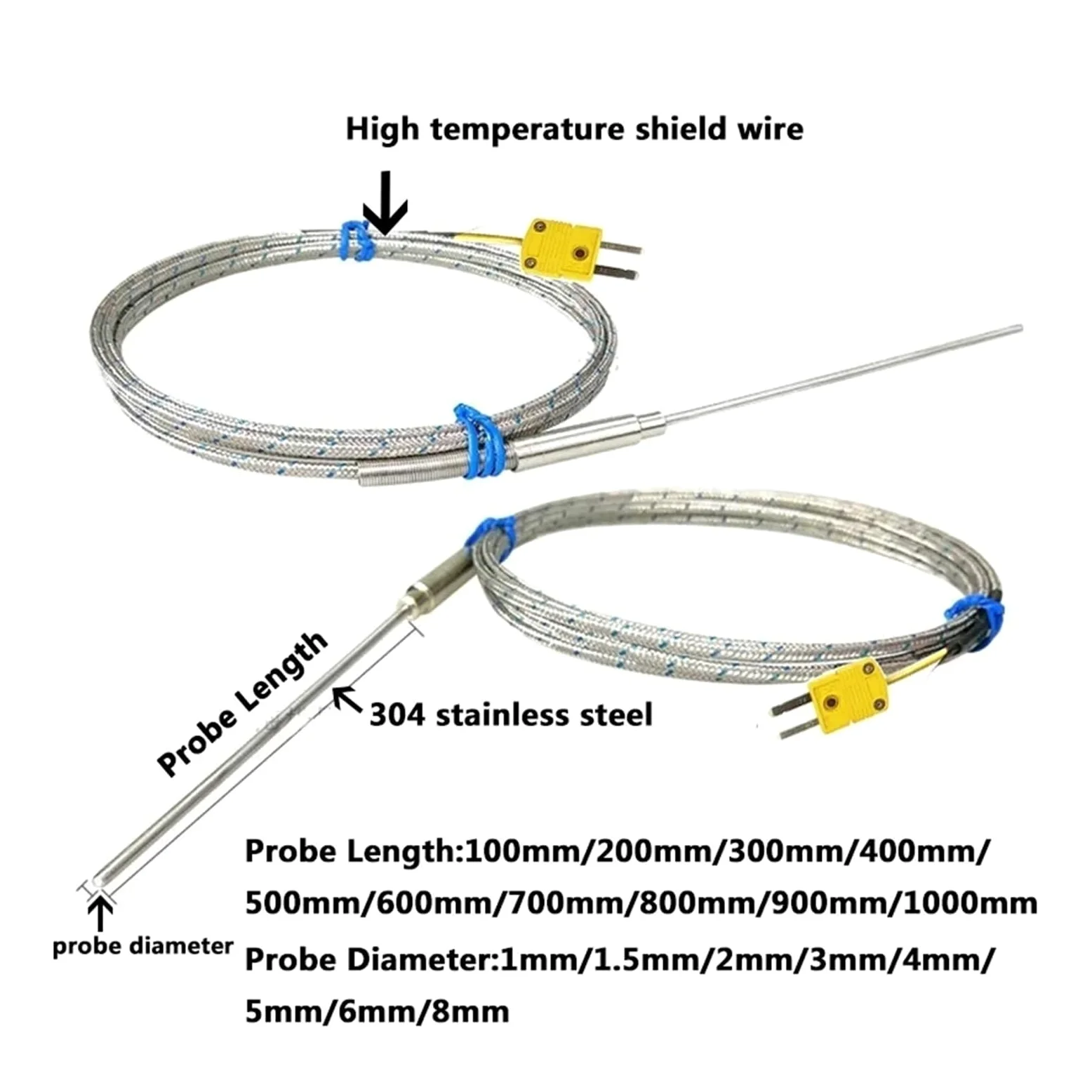 Sensor de termopar tipo K con sonda inserción puntiaguda alta temperatura cable trenzado acero inoxidable(Probe diam 8X1000mm)