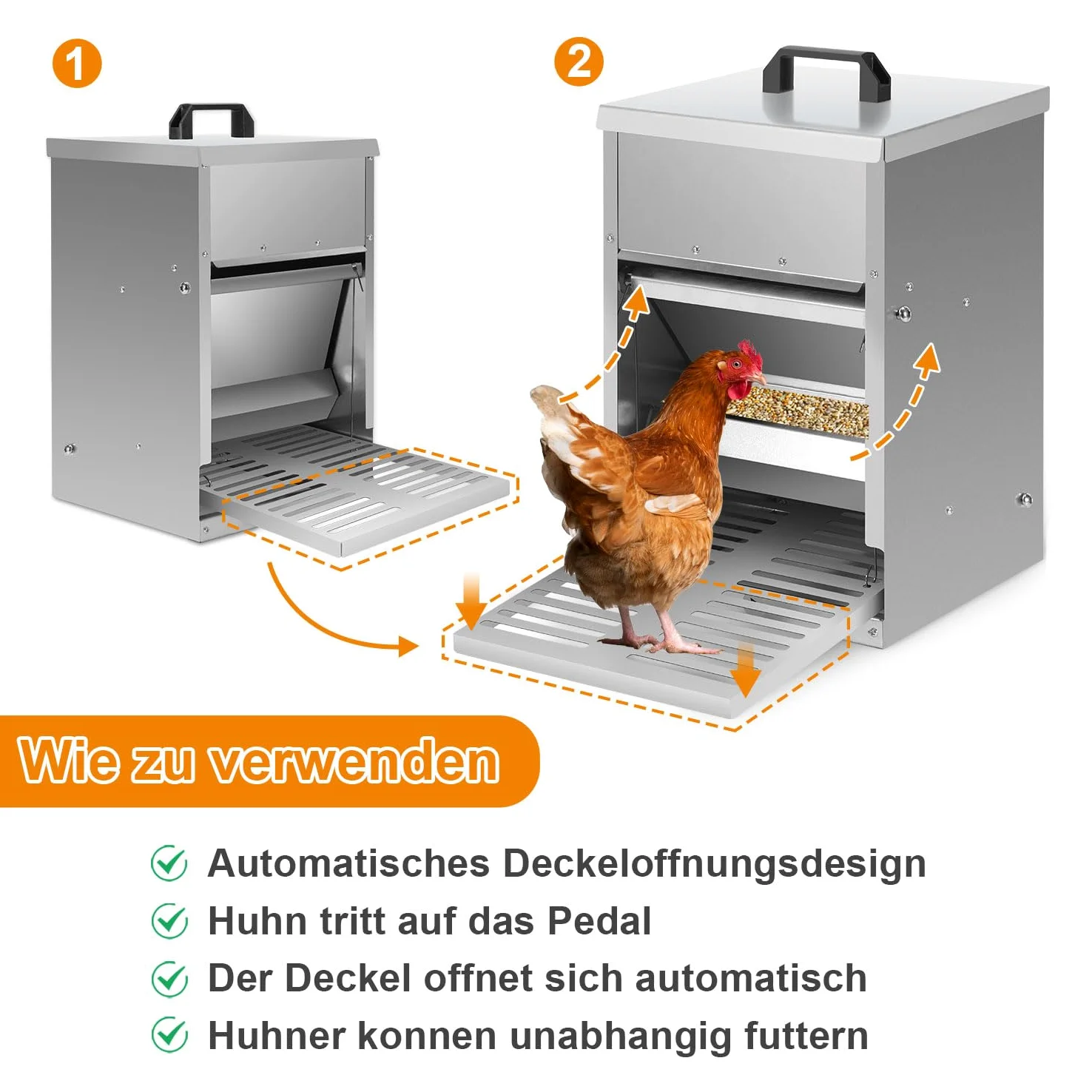 2 Dispensadores Pienso Automáticos para Gallinas, 5 kg, Galvanizado, Comedero para Pollos con Placa de Estribo, Tapa, Resistente al Agua, Comedero a Prueba de Ratas