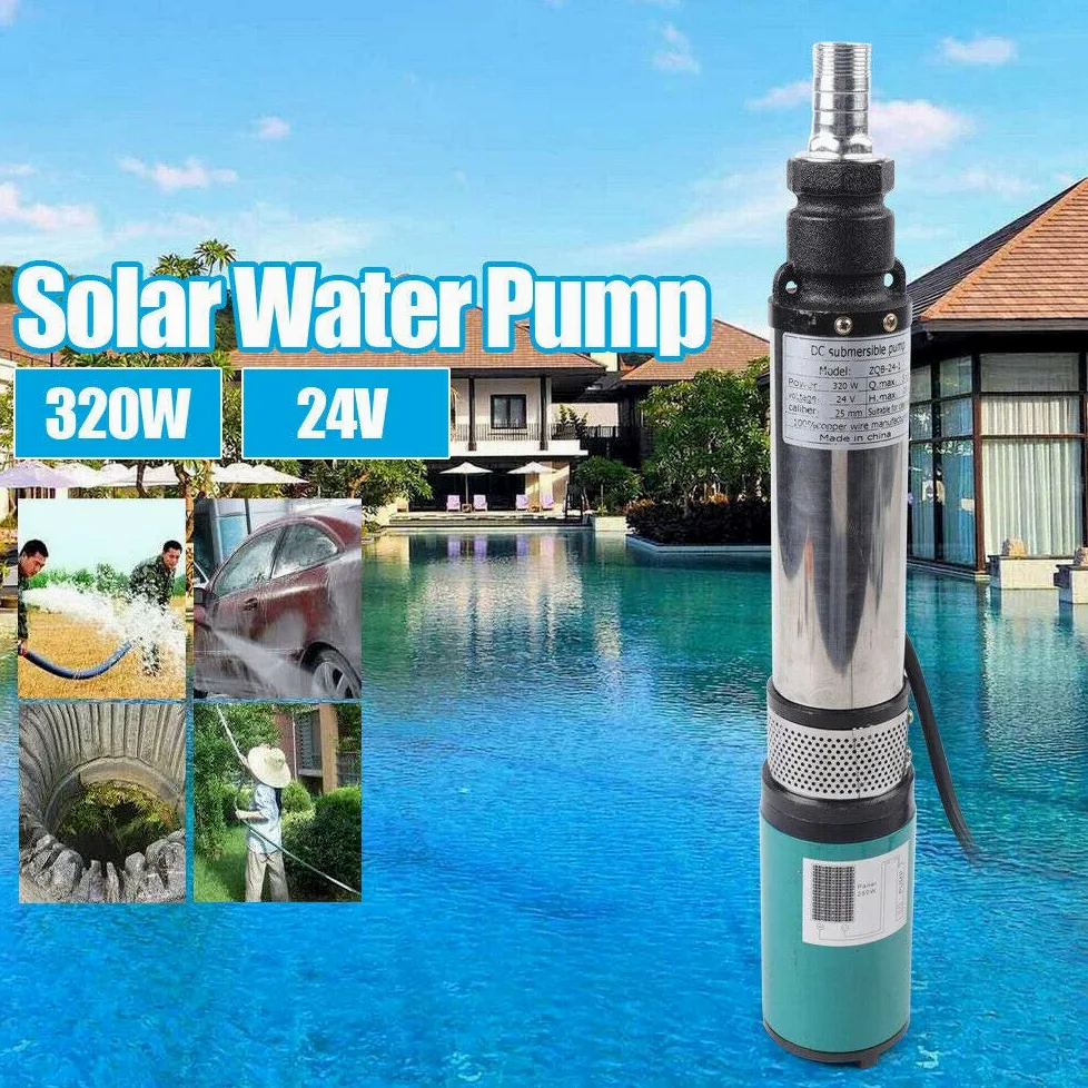 Bomba de inmersión solar para pozos profundos, CC 24 V, 320 W, acero inoxidable, 5 m³/h, 25 m