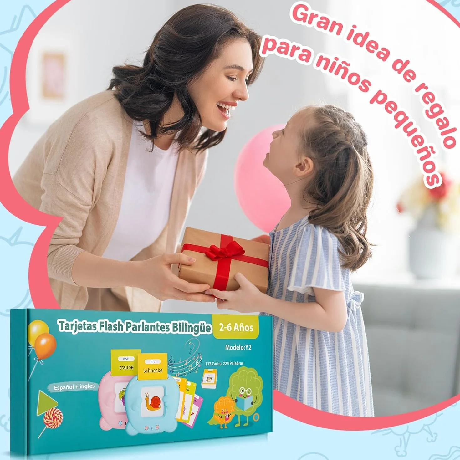 AHJ Tarjetas Flash Parlantes Español 112 Hojas 224 Palabras Juguete Montessori 3 Modo Idioma Español Inglés Bilingüe Azul