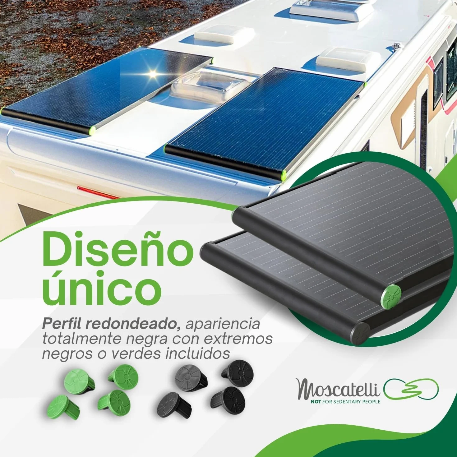 MOSCATELLI Placa Solar 120W SLIM Black Boost Monocristalino PERC kit solar completo para Camper con Perfil Integrado de Aluminio Negro para Montaje en el Techo - SIN REGULADOR