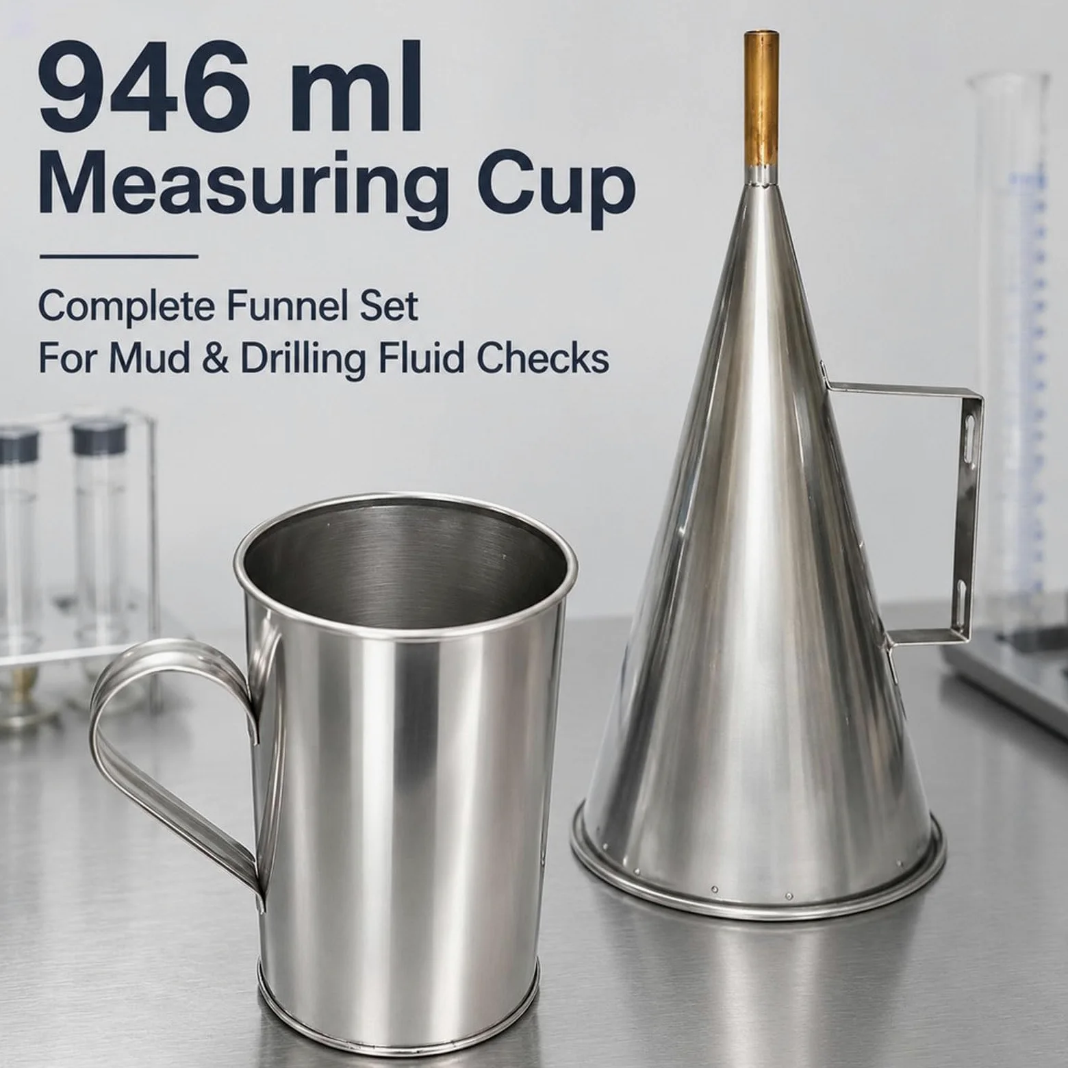 Viscómetro de embudo Marsh de 12", juego de detectores de prueba de acero inoxidable con vaso medidor de 946 ml, tamaño de malla de pantalla de 1,6 mm (malla 12), con vaso medidor de 946 ml