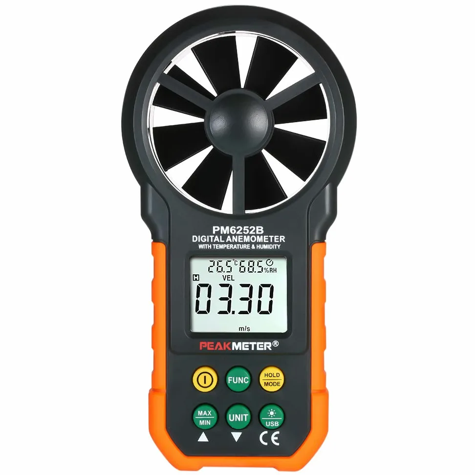 PEAKMETER Anemómetro digital multifunción Medidor de velocidad del viento profesional Anemómetro digital LCD Volumen de aire/temperatura/humedad para recopilación de