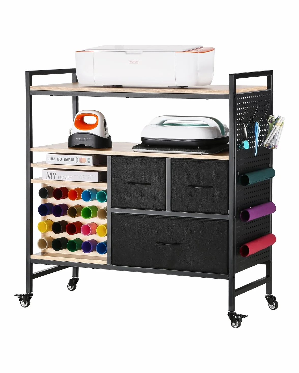 VEVOR Carrito de Manualidades con Ruedas y Mesa de Almacenamiento, Mesa Cricut Plegable con Lados Plegables, 20 Soportes para Rollos de Vinilo y 3 Cajones, Compatible con Máquinas Cricut, Negro