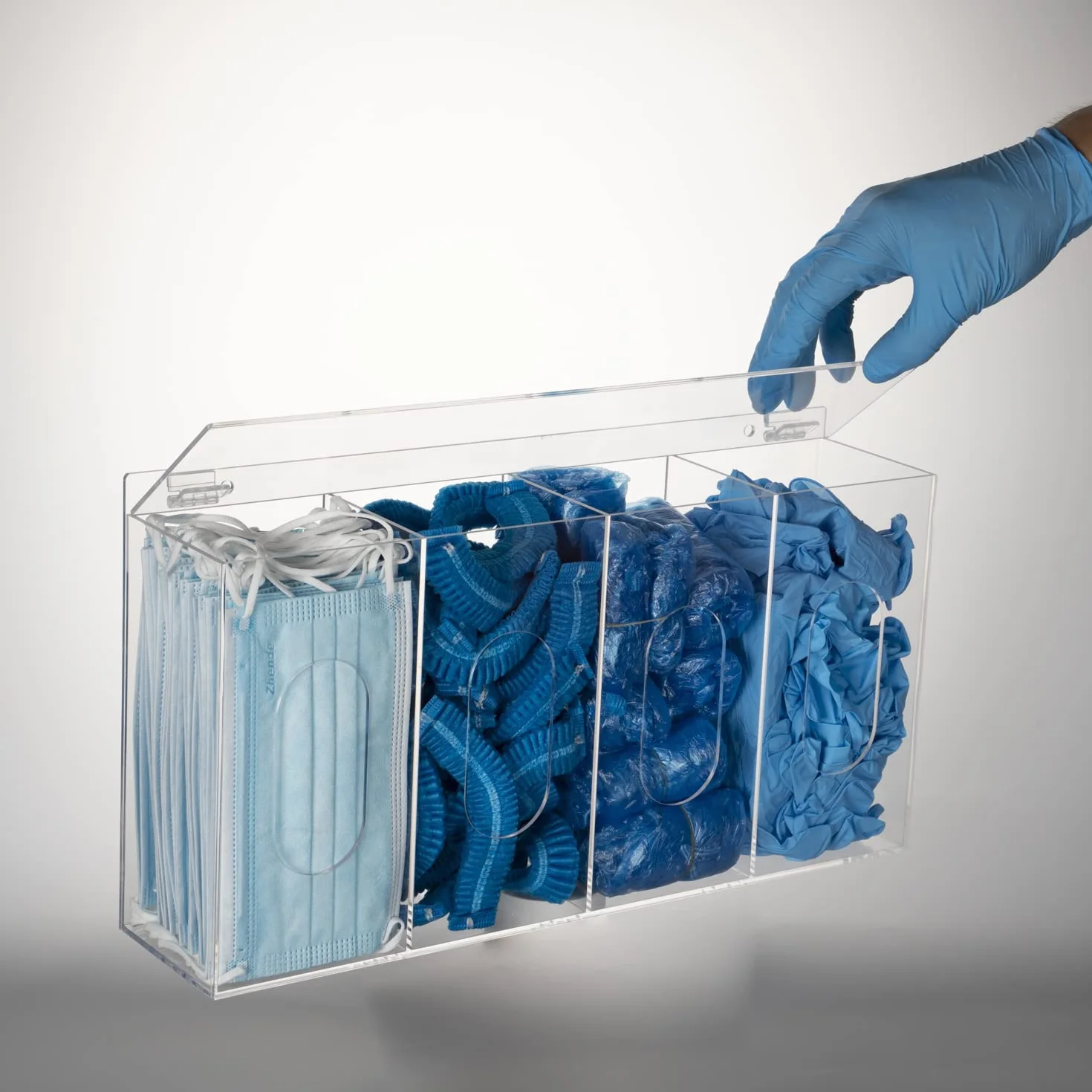 SEANADO Dispensador de malla para pelo y cubierta de zapatos, máscara desechable, acrílico, almacenamiento 4 recipientes, soporte plástico transparente