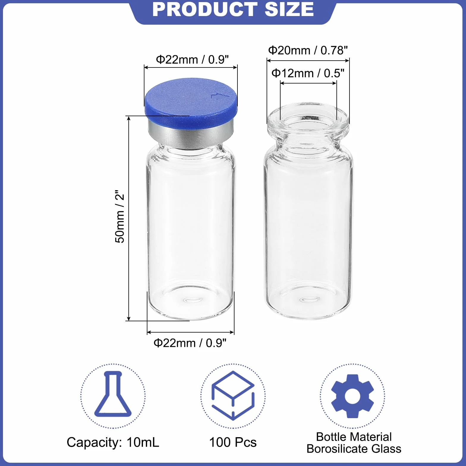 PATIKIL 10 ml Viales de Muestra, 100 Frascos de Laboratorio Vacíos con Tapón de Goma Butílica, Vidrio Borosilicato
