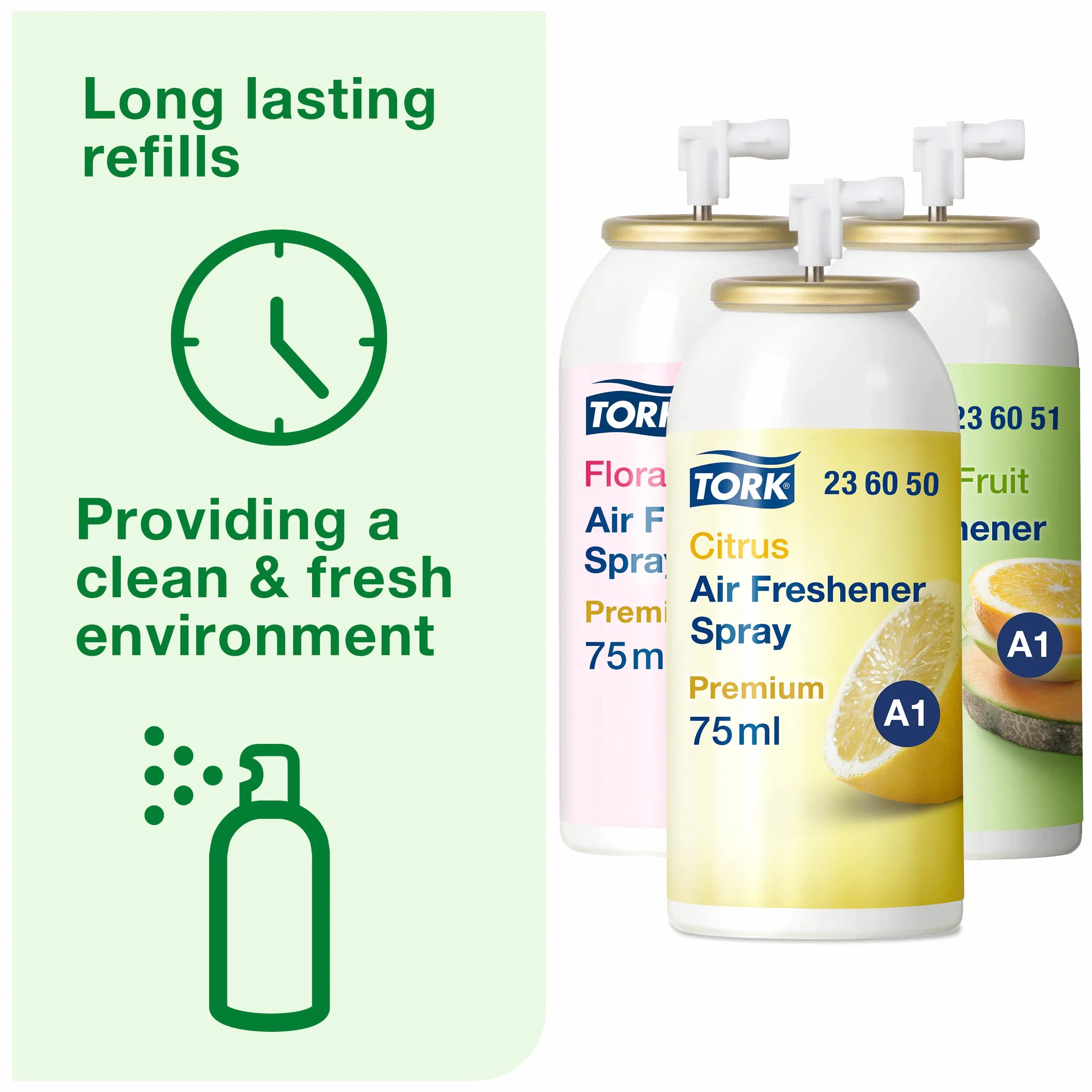 Tork 236056 Pack mixto de ambientadores en spray / Recambios de atomizadores de espray compatibles con el sistema A1 de Tork / Cítrico,Floral y Frutal
