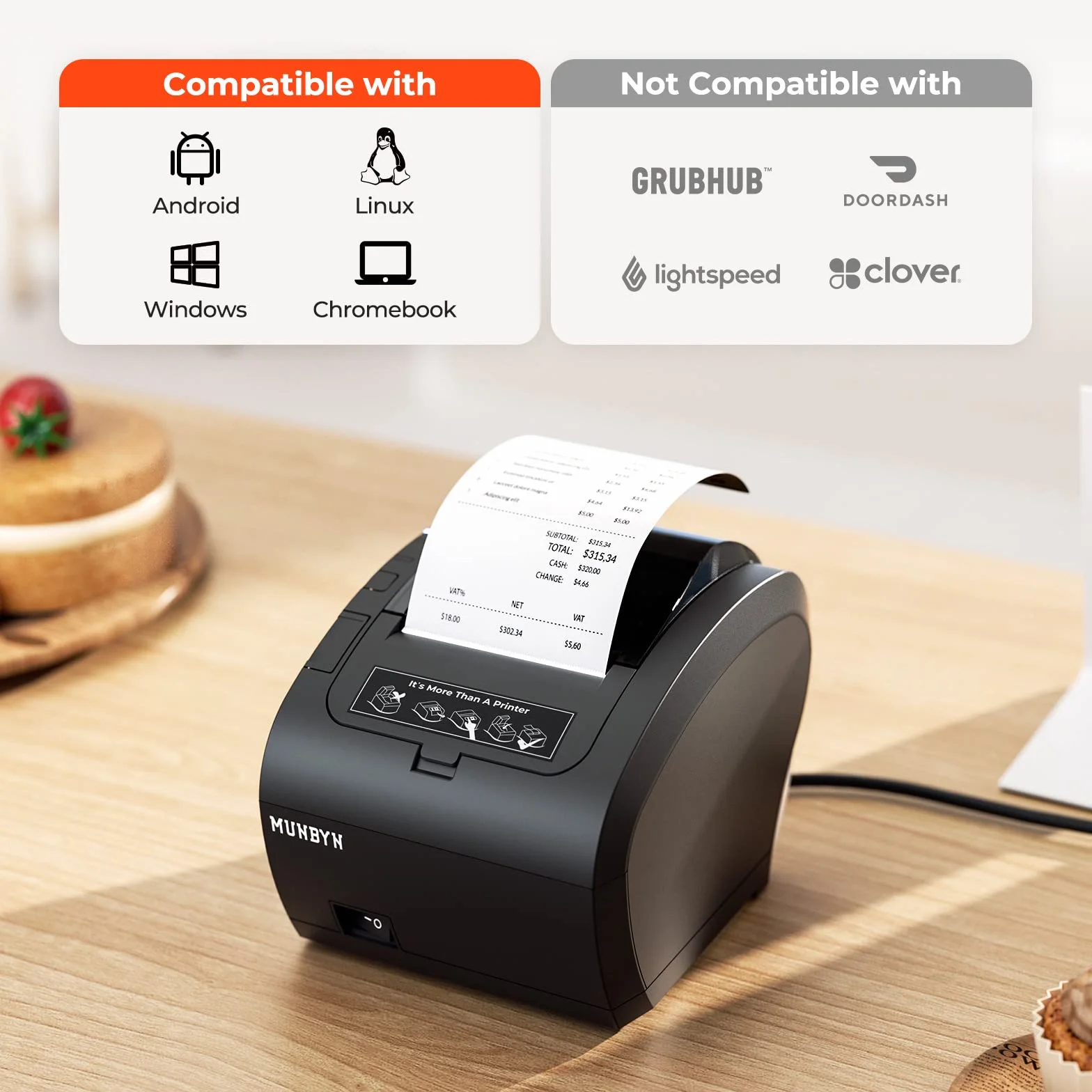 MUNBYN Impresora Tickets WiFi, Impresora Termica 80mm, con Puerto USB, Compatible con Mac, Windows, Chromebook, Linux y Cajón de Efectivo, ESC/POS, Alta Velocidad Auto-Cutter, No compatible con Square