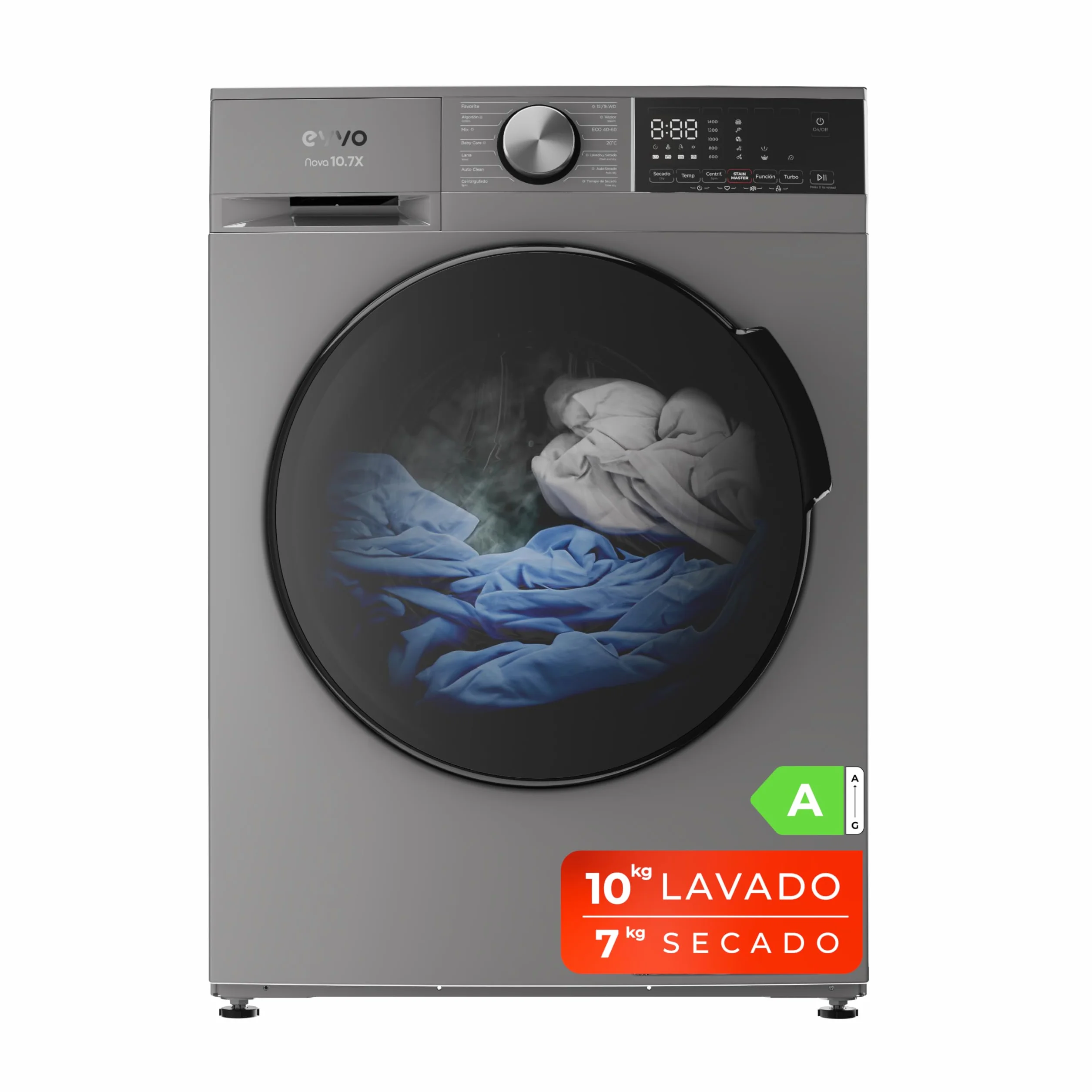 EVVO Lavadora Secadora 10 kg + 7 kg, Vapor, Motor Inverter, 1400 rpm, Clase A, Carga Frontal